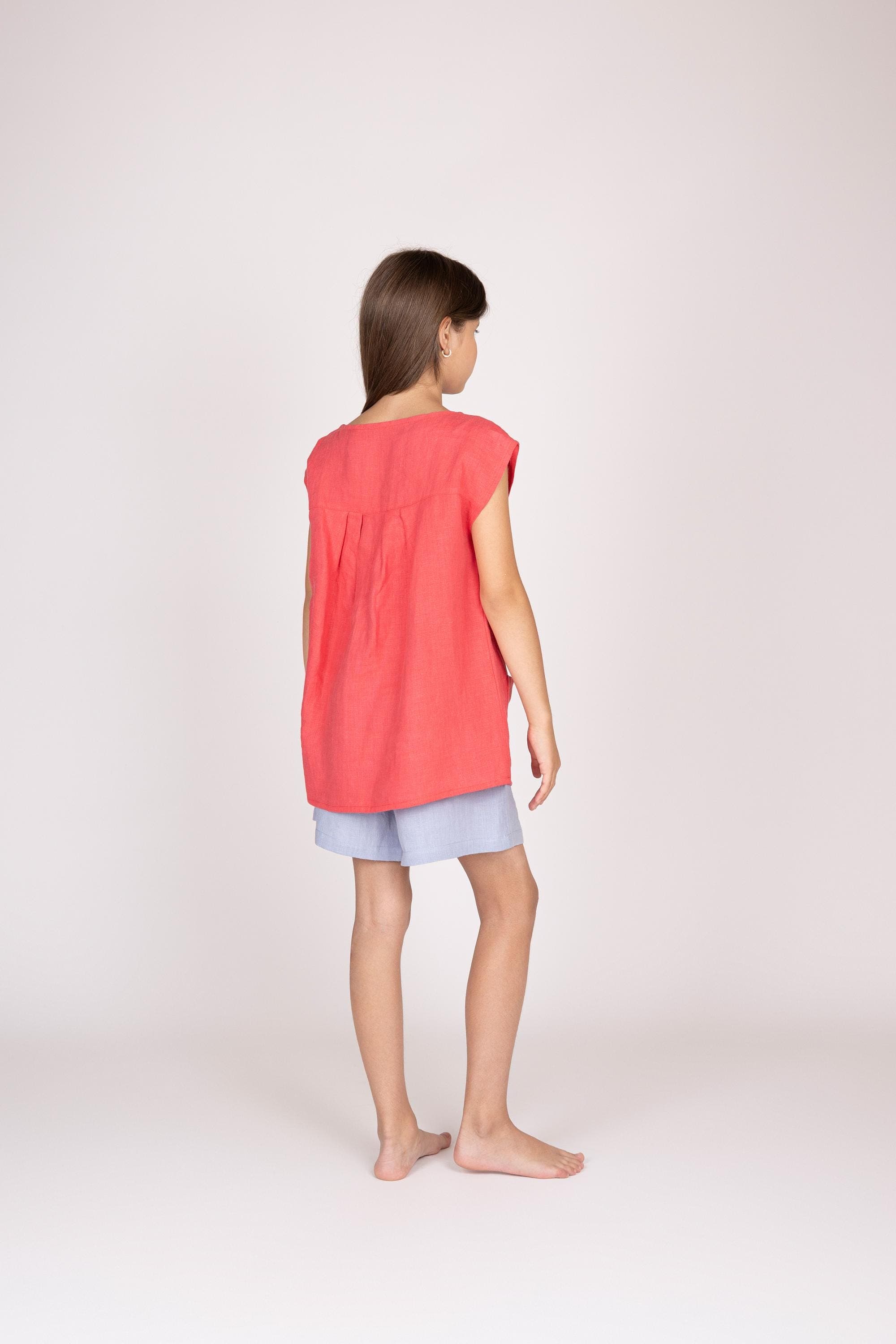 Belgian Linen Teens' Top - Pink Sleeveless Shirt for Kids - Neck with Ties - 30 Colors - image 4