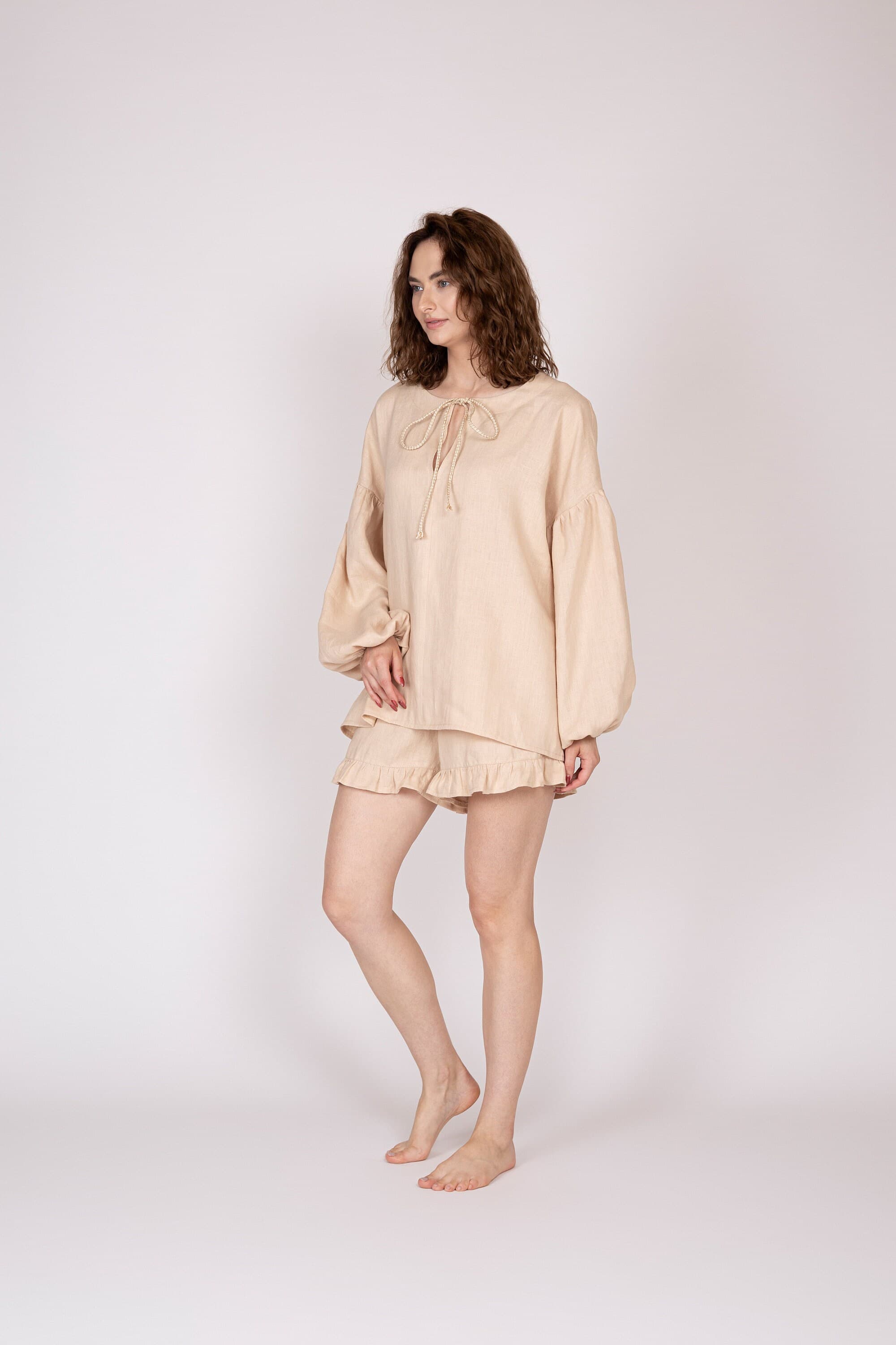Belgian Linen Women's Vacation Set - Casual Top & Shorts - Sand Flax Natural Fabric - 30 Colors - image 3