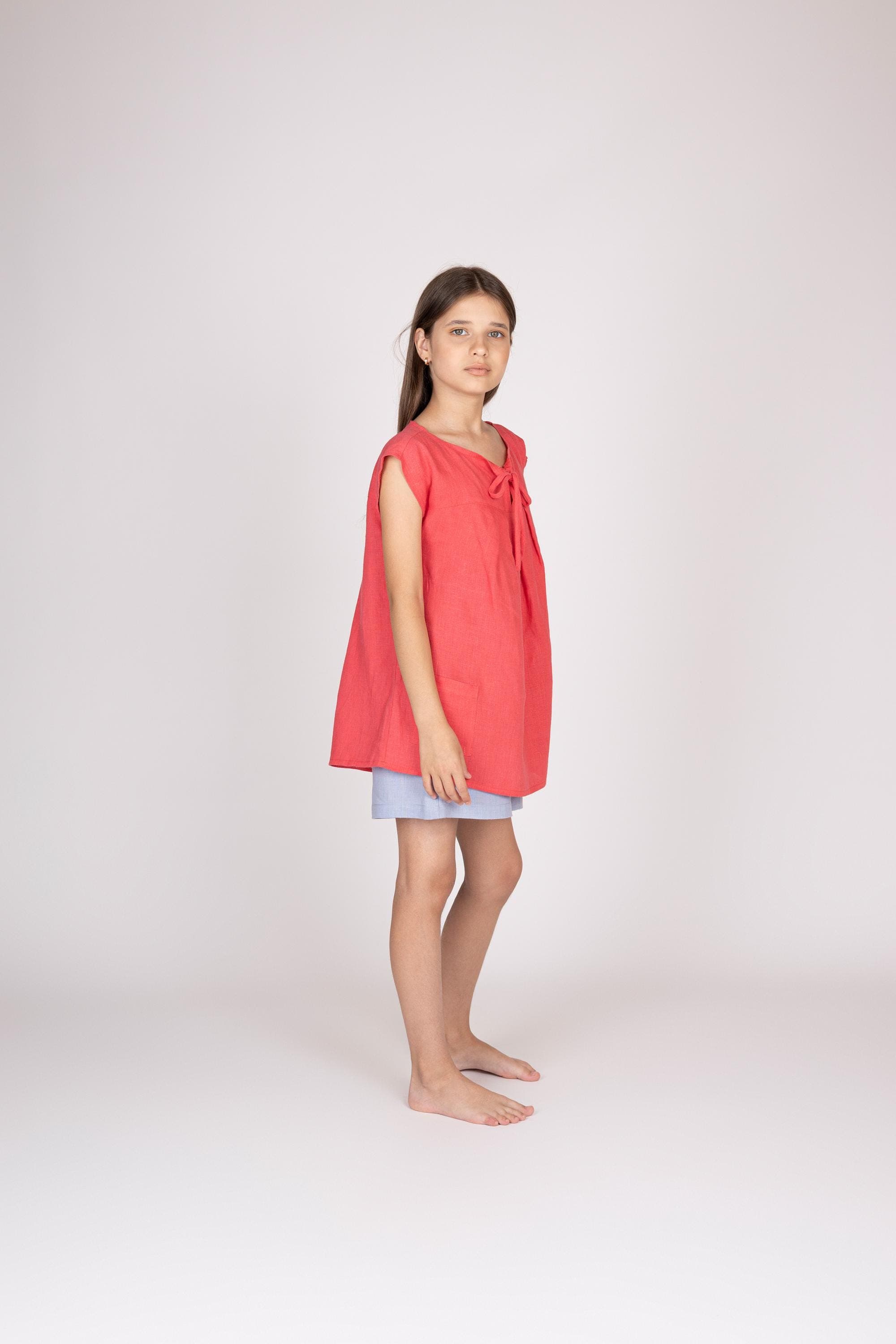 Belgian Linen Teens' Top - Pink Sleeveless Shirt for Kids - Neck with Ties - 30 Colors - image 3