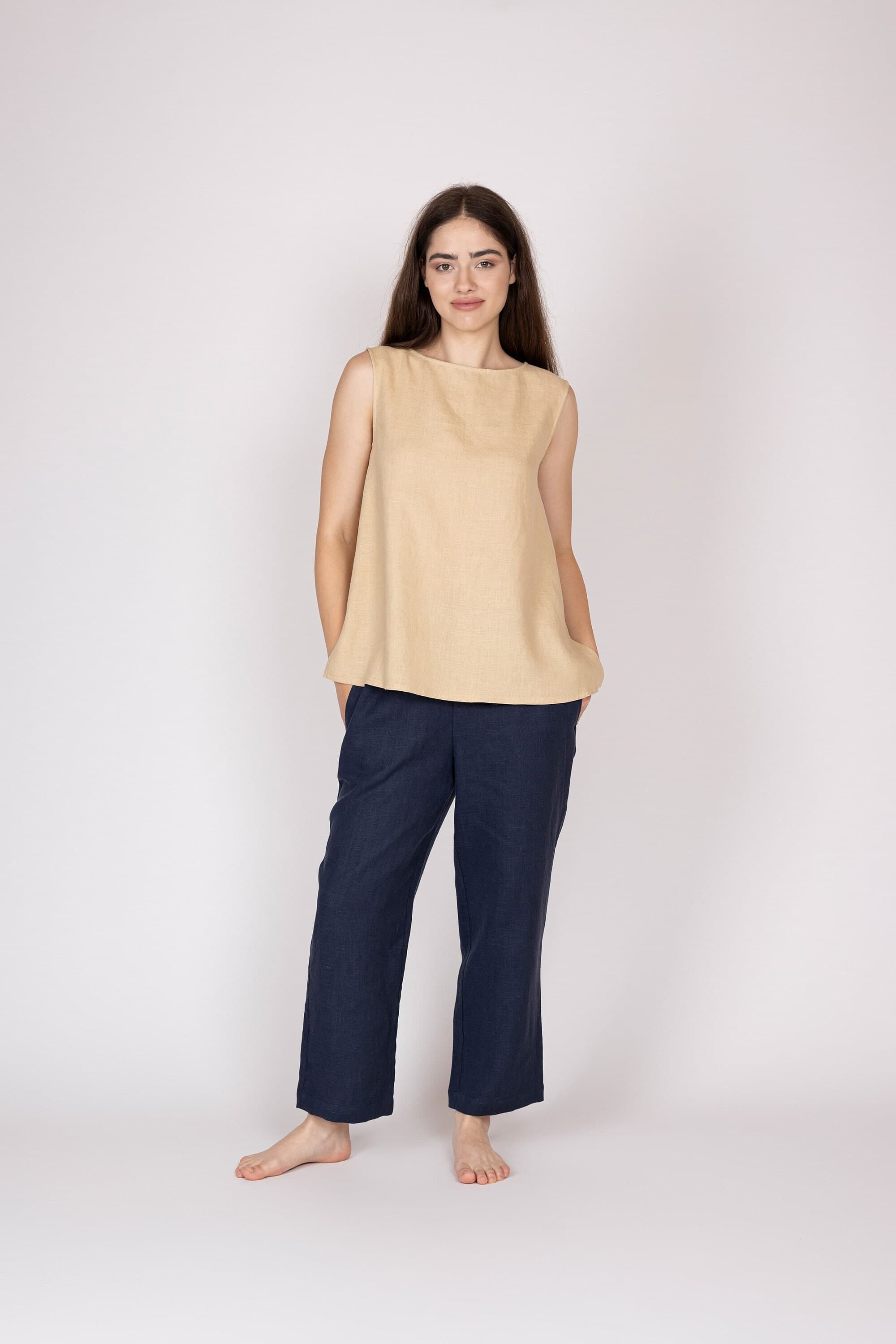 Belgian Linen Women's Sleeveless Shirt - Tan Body Color Tops Girls - Libeco Flax - 30 Colors