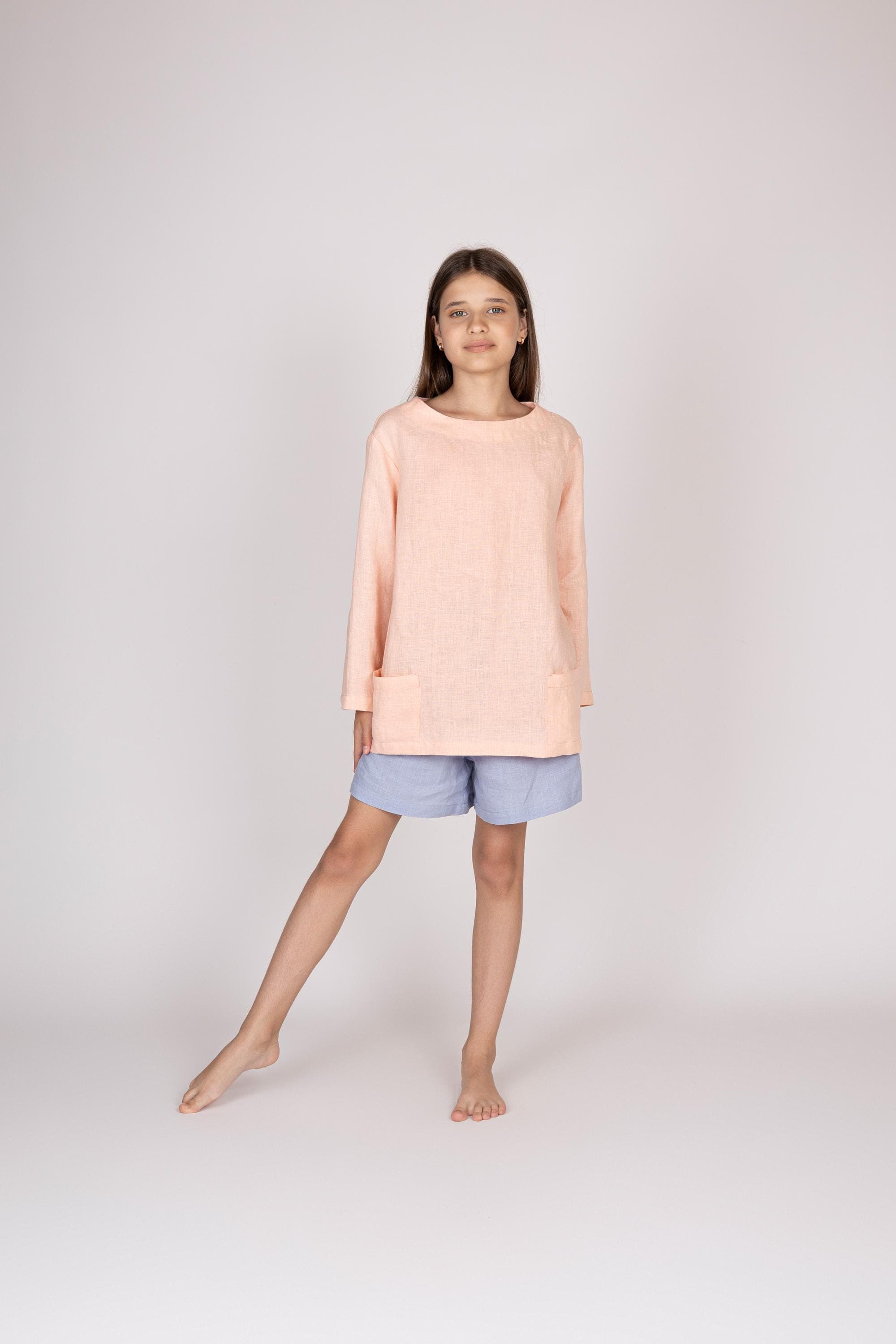 Belgian Linen Kids Long Sleeve Blouse - Girl Long-sleeved Shirt with Front Pockets - 30 Colors