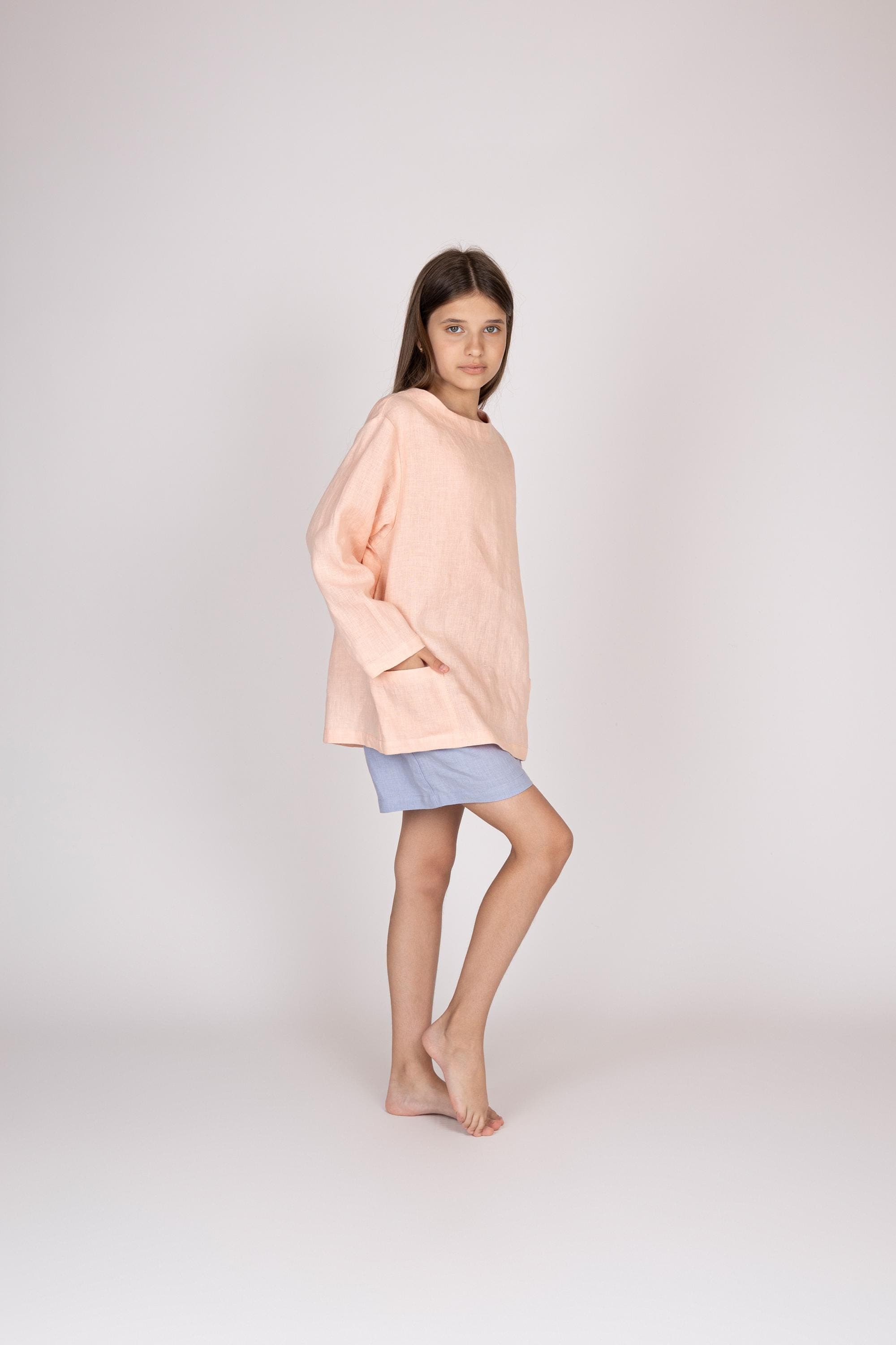 Belgian Linen Kids Long Sleeve Blouse - Girl Long-sleeved Shirt with Front Pockets - 30 Colors - image 3