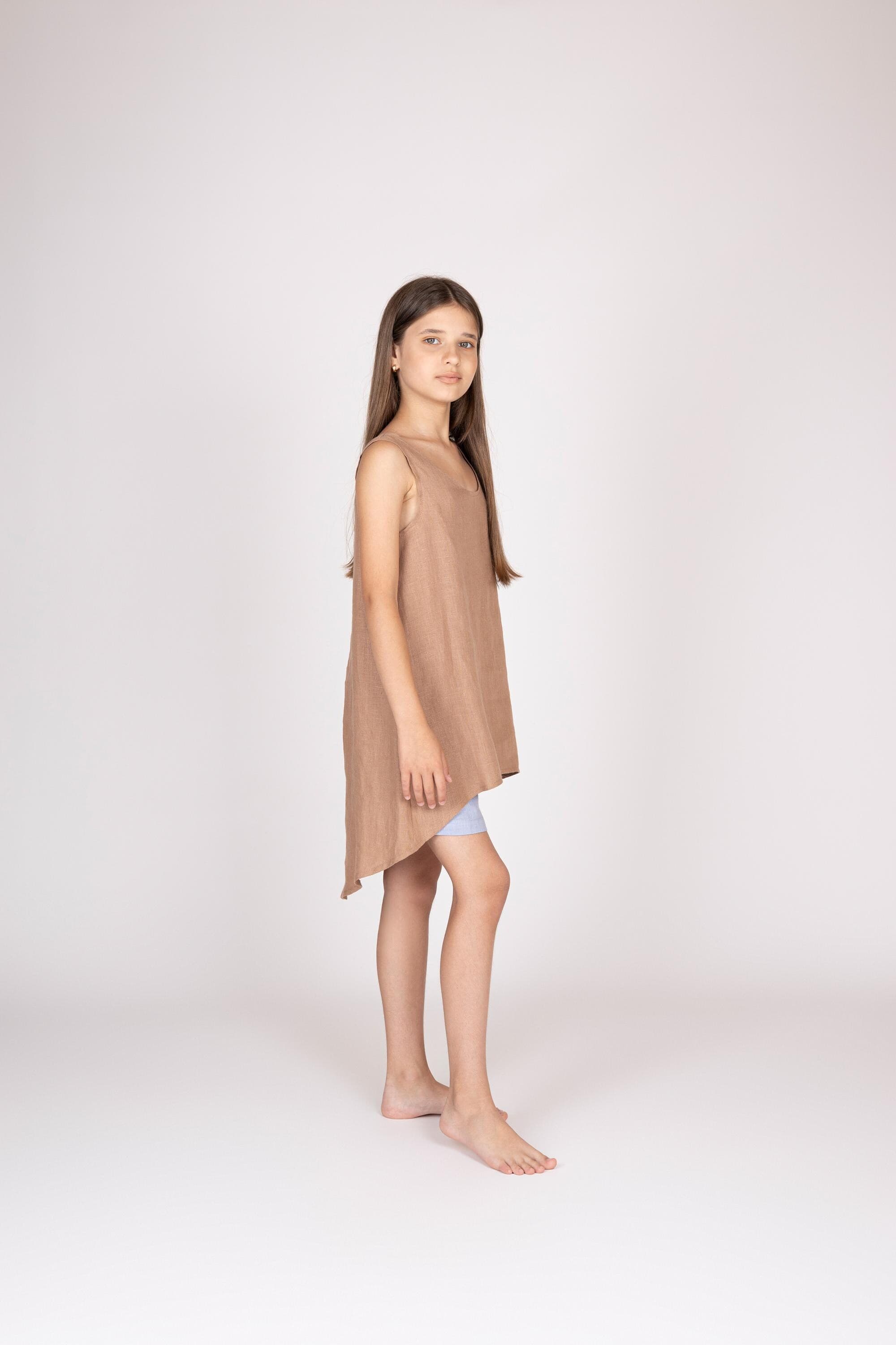 Belgian Linen Girls' Dress - Exclusive Asymmetrically Cut Dress for Children - 30 Colors - image 3
