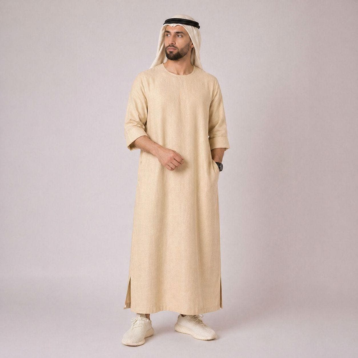 Belgian Linen Men's Thobe - Sand Color - Classic Kaftan - Desert Menswear - Luxury Kurtas for Men