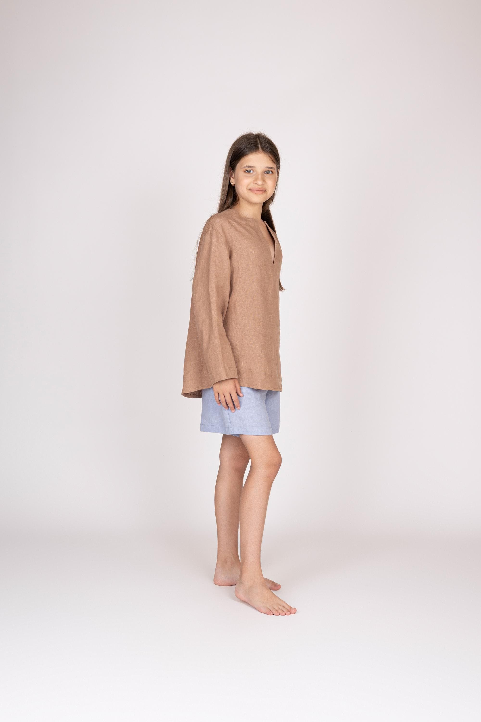 Belgian Linen Teens' Top - Split Neck Kids Shirts - Long Sleeve Blouse - 30 Colors - image 3