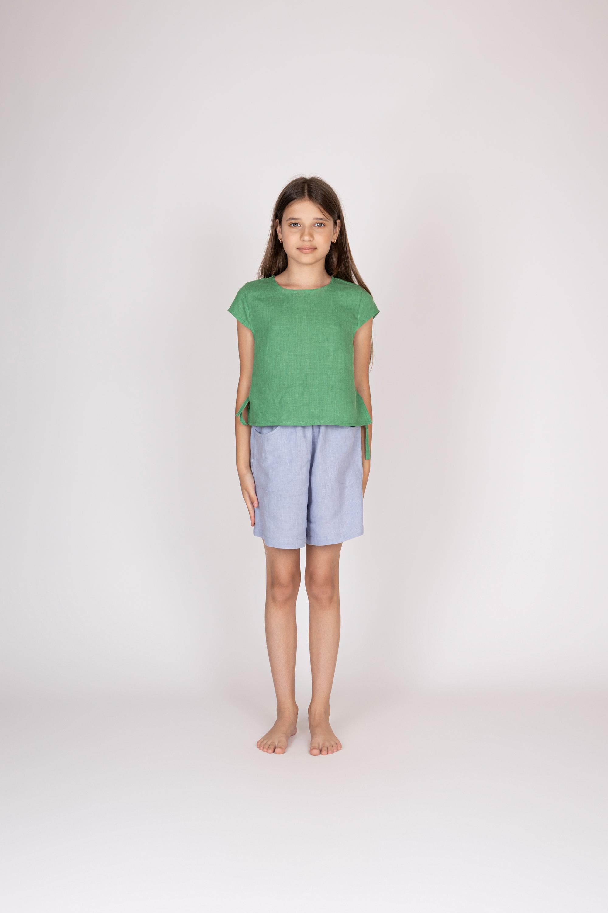 Belgian Linen Kids Top - Green Summer Blouse - Natural Flax Fabric - 30 Colors
