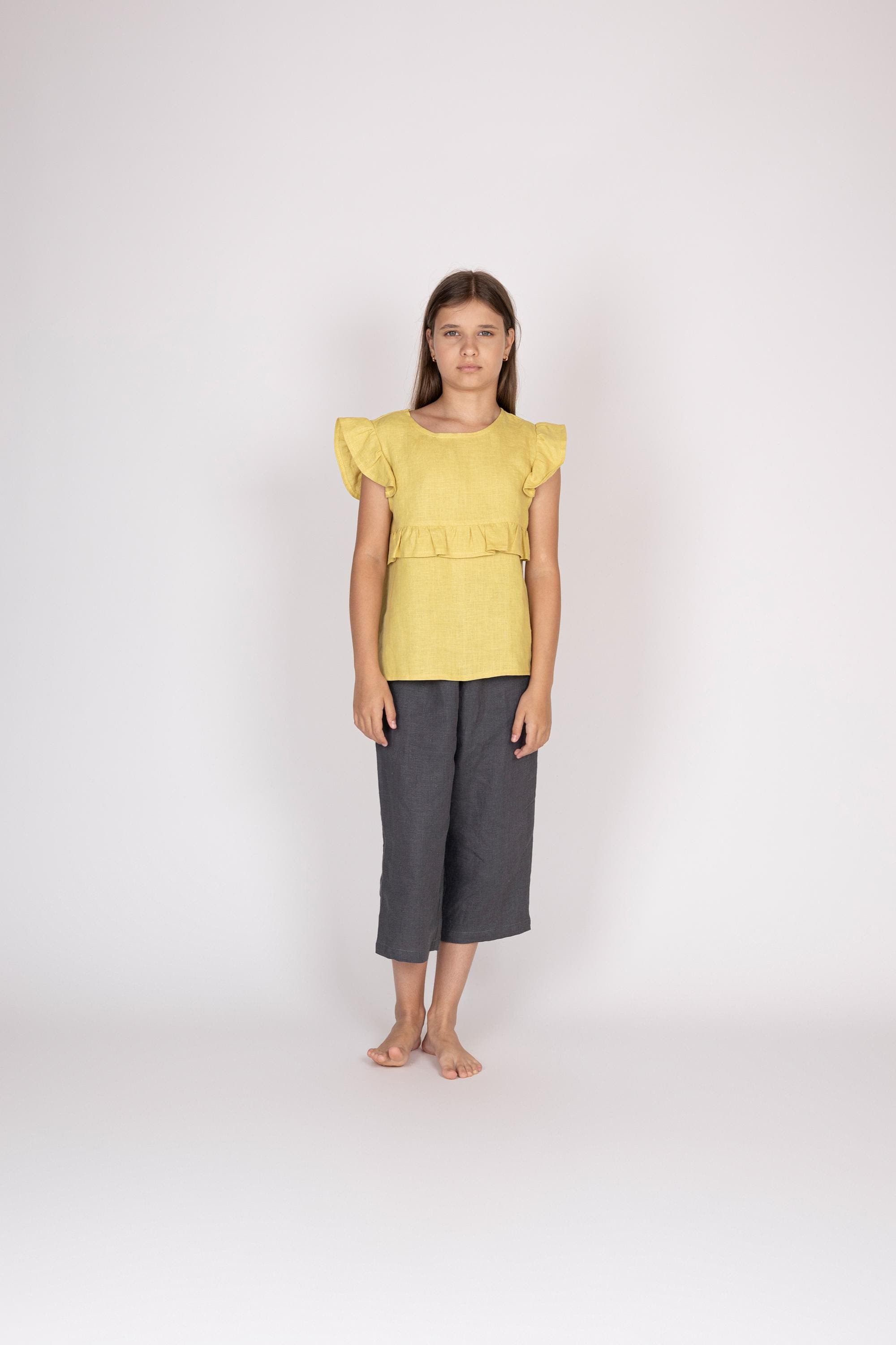Belgian Linen Kids' Frill Sleeve Top - Flutter Sleeves Shirt - Ruffle Tee Girls - 30 Colors