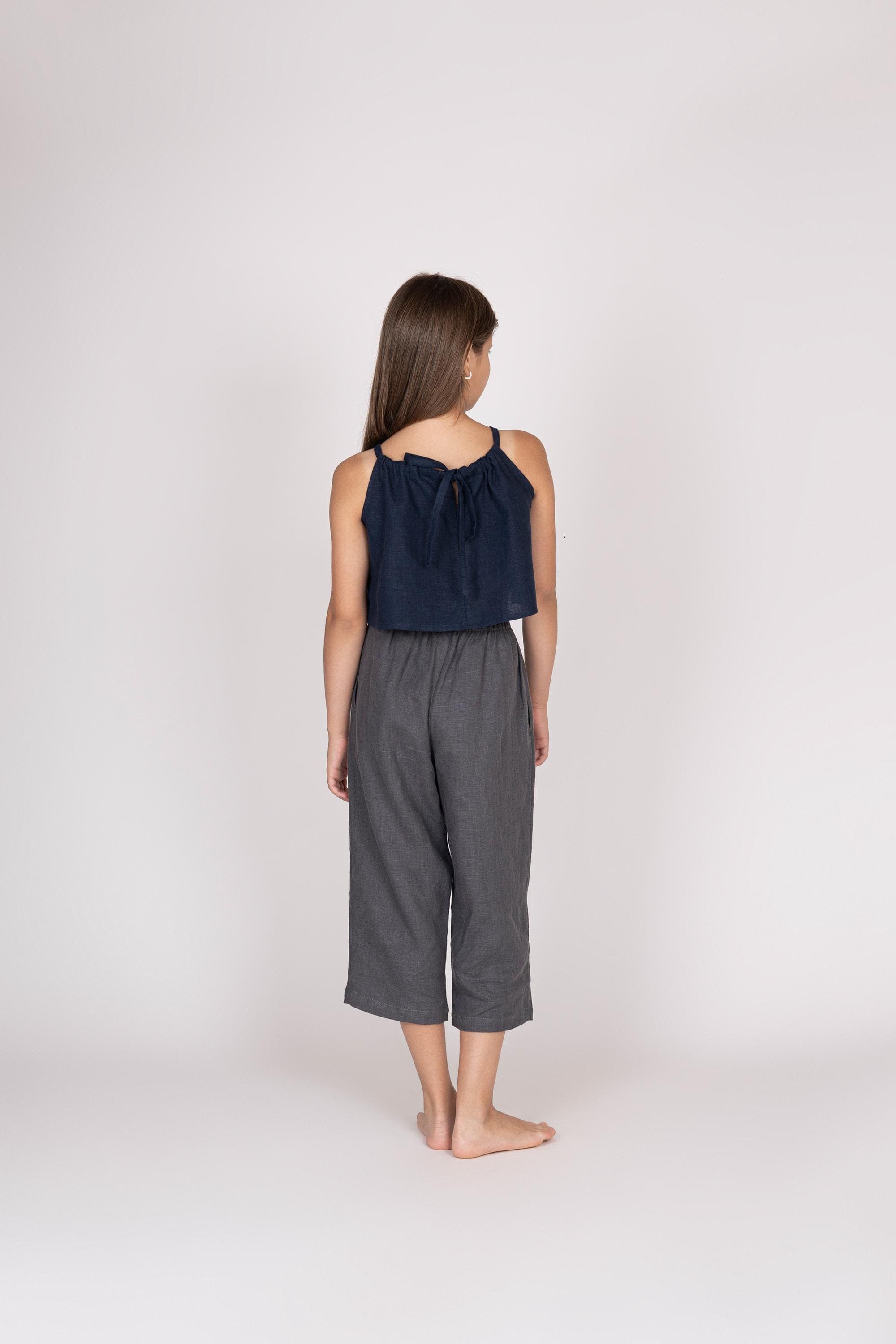 Belgian Linen Kids' Halter Neck Top - Gathered Flax Crop Tee - Minimal Blouse- 30 Colors - image 4