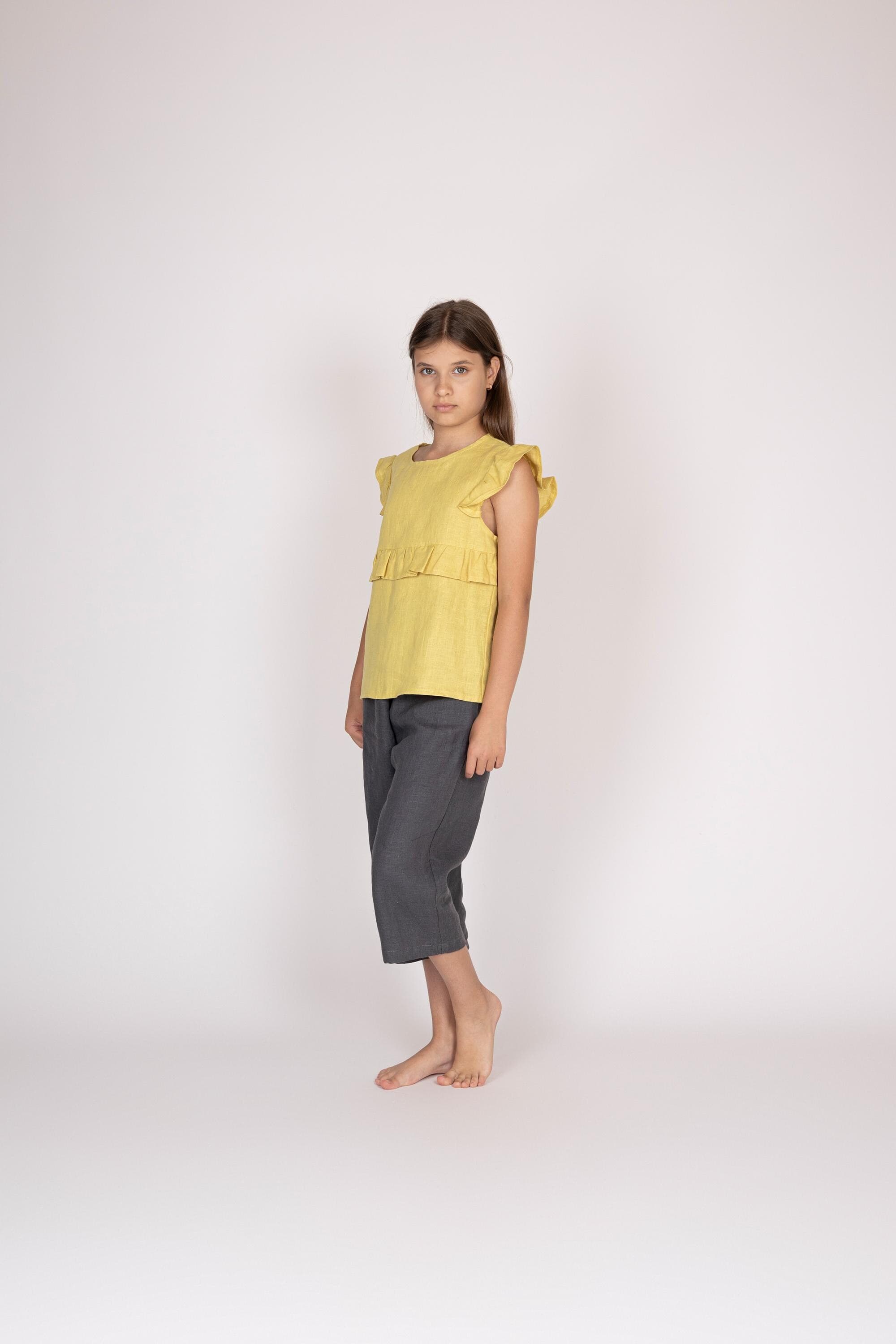 Belgian Linen Kids' Frill Sleeve Top - Flutter Sleeves Shirt - Ruffle Tee Girls - 30 Colors - image 3