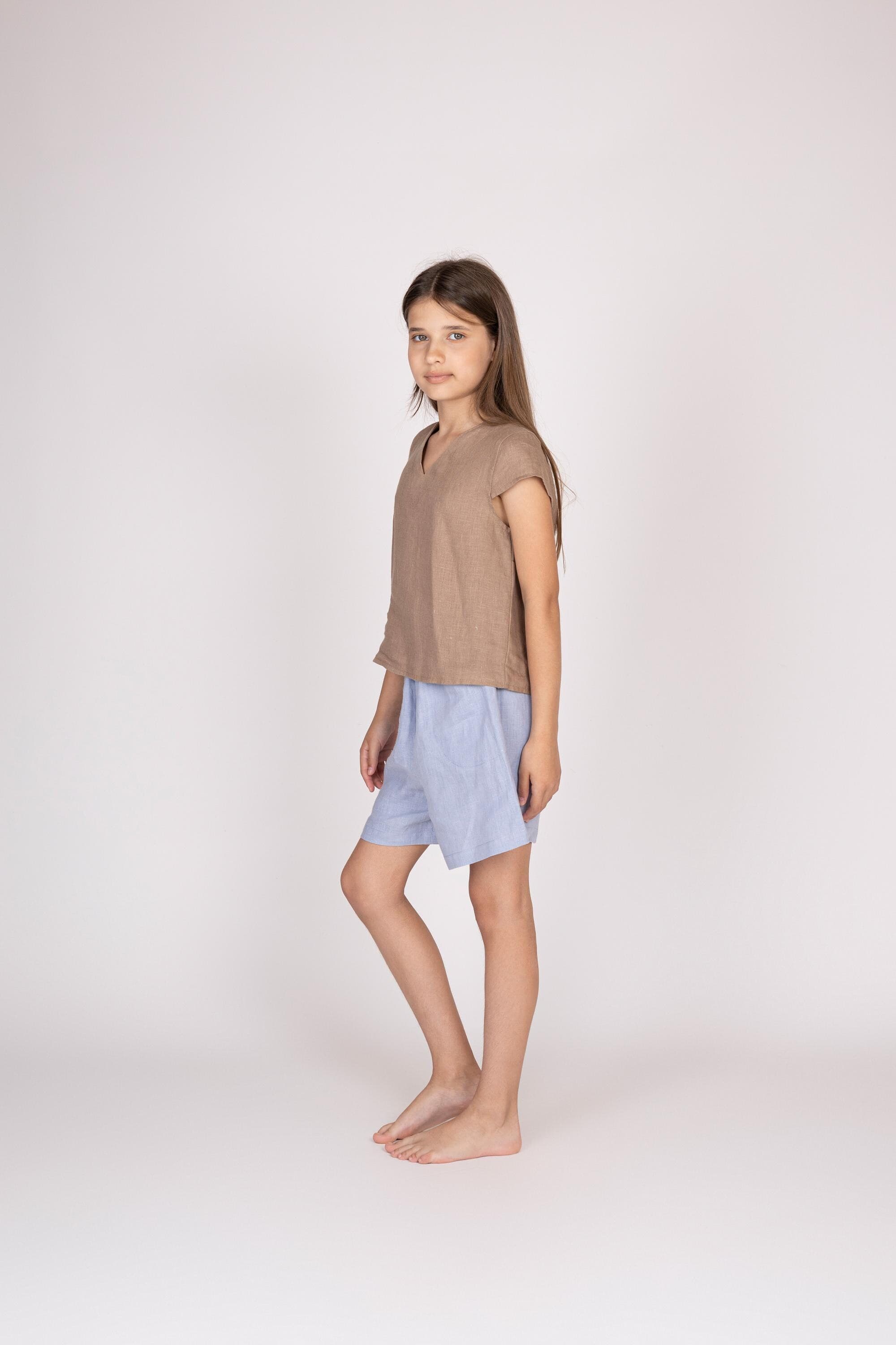 Belgian Linen Girl's Top - V-Neck Sleeveless Crop Top - Back Adjustable Ties - 30 Colors - image 3