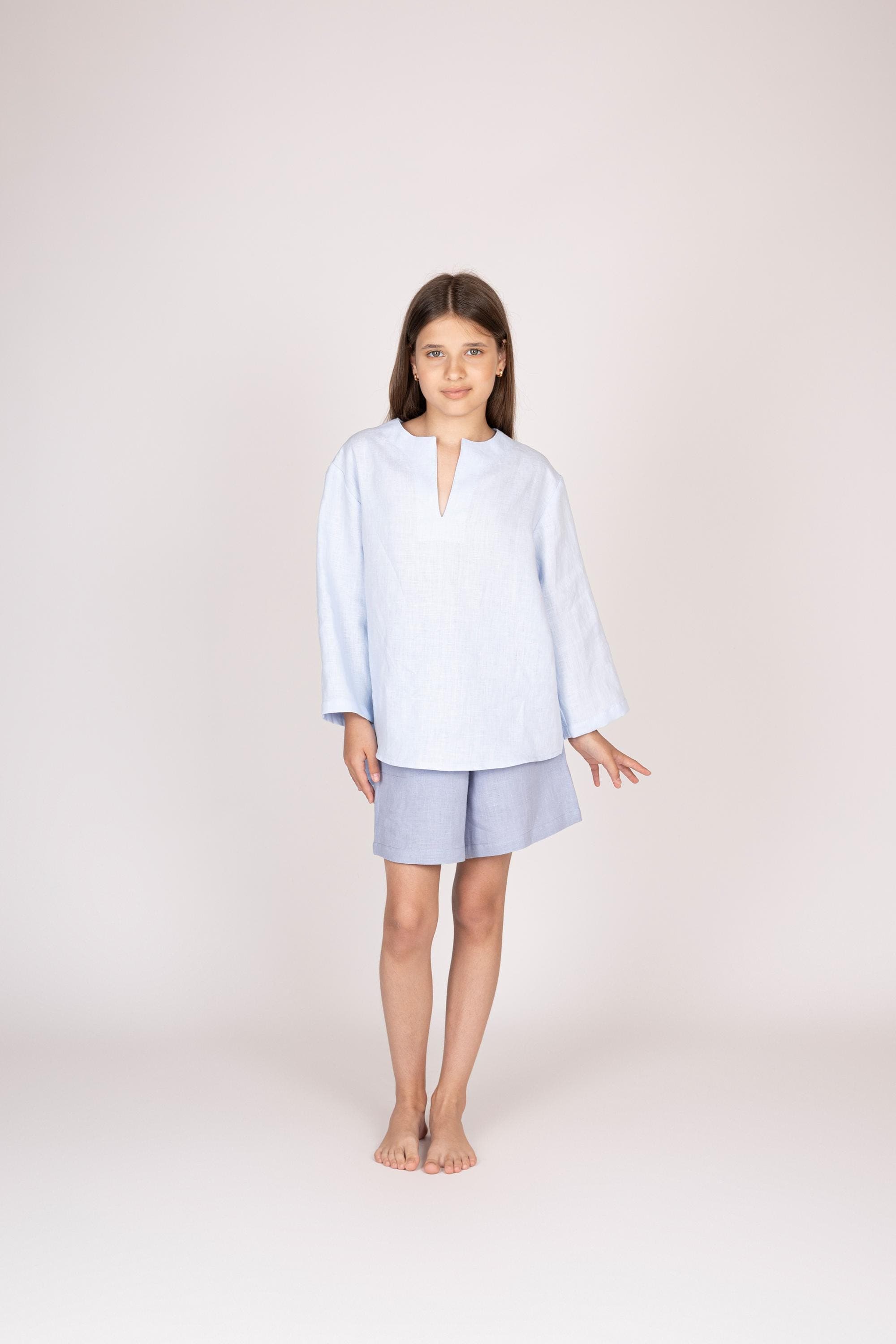 Belgian Linen Kids Top - Notch Neck Shirt for Girls - Long Sleeve Blouse- 30 Colors