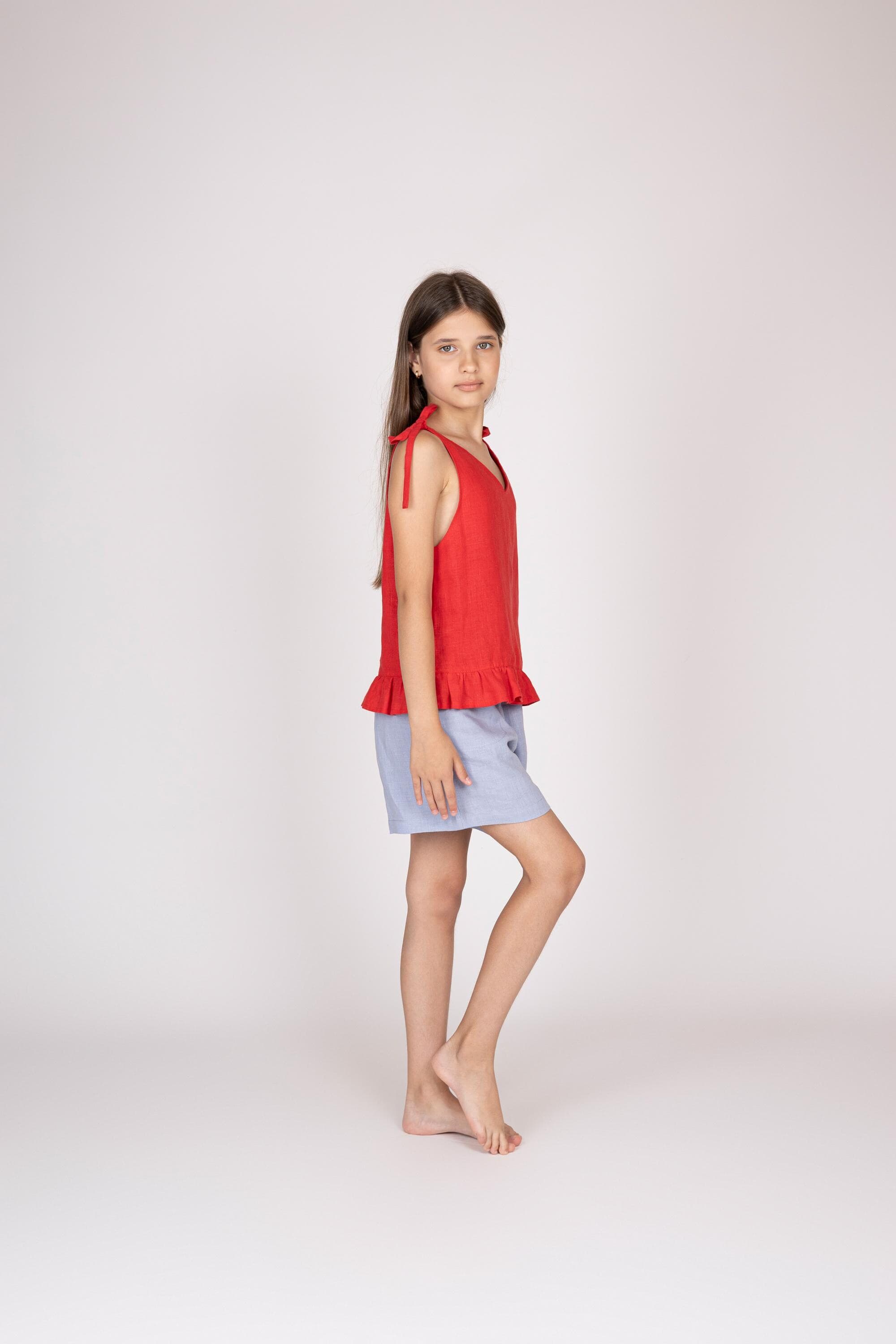 Belgian Linen Kid's Top - Sleeveless Summer Shirt - Bows on Shoulders - 30 Colors - image 3