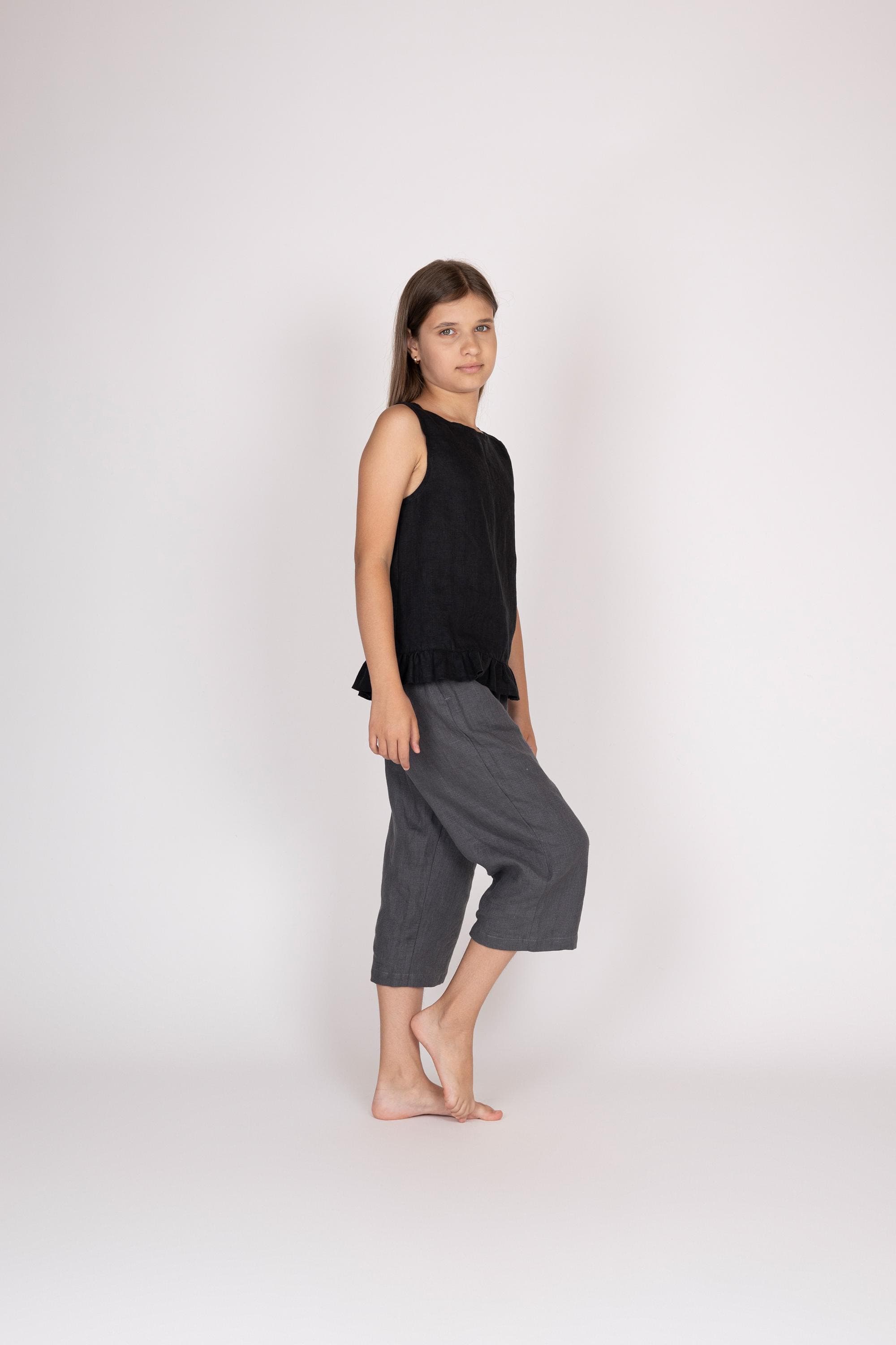 Belgian Linen Kids' Sleeveless Shirt - Basic Black Top for Girls - Soft Linen - 30 Colors - image 3