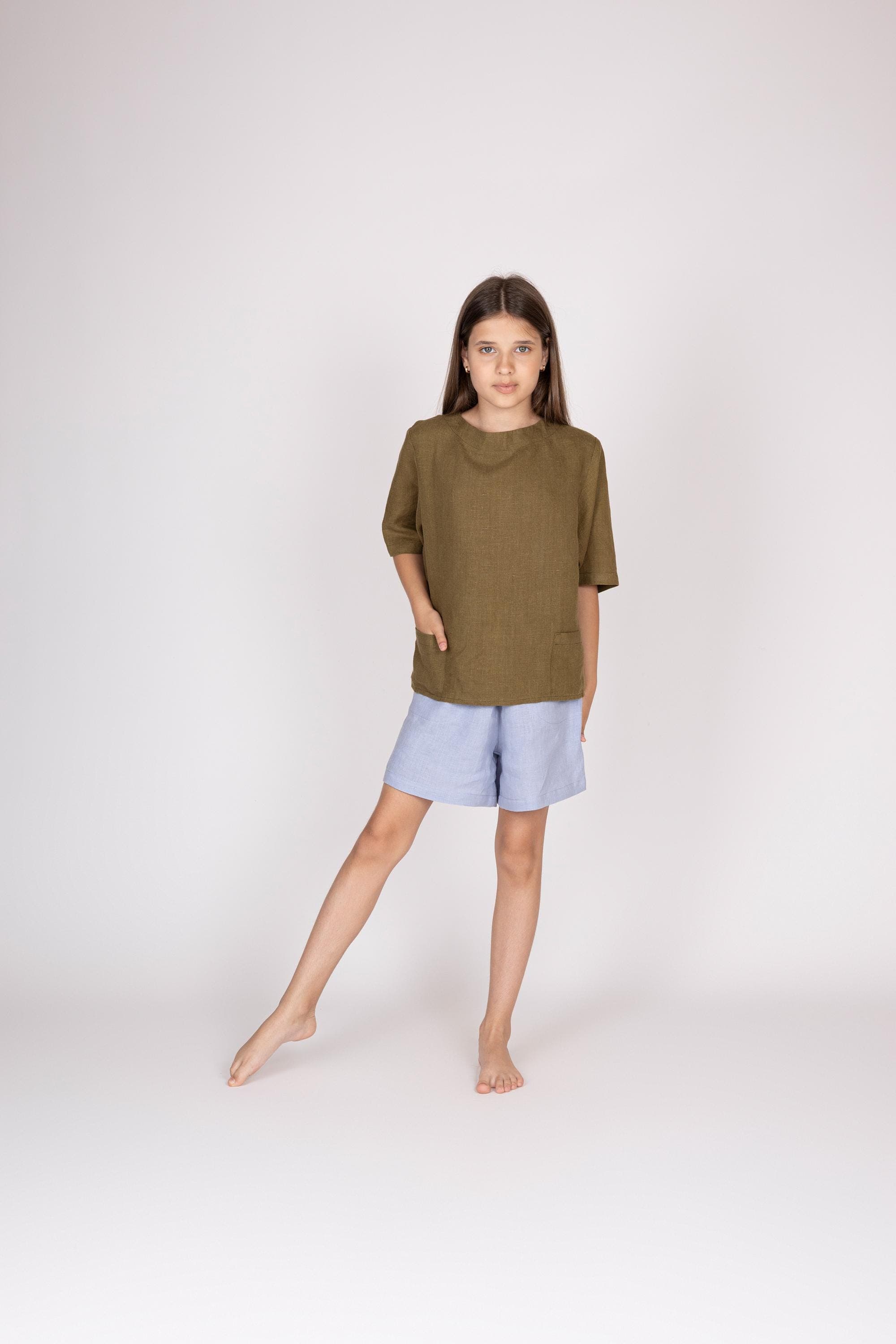 Belgian Linen Kids Elegant Top - Khaki Loose Fit Shirt for Daughters - 30 Colors