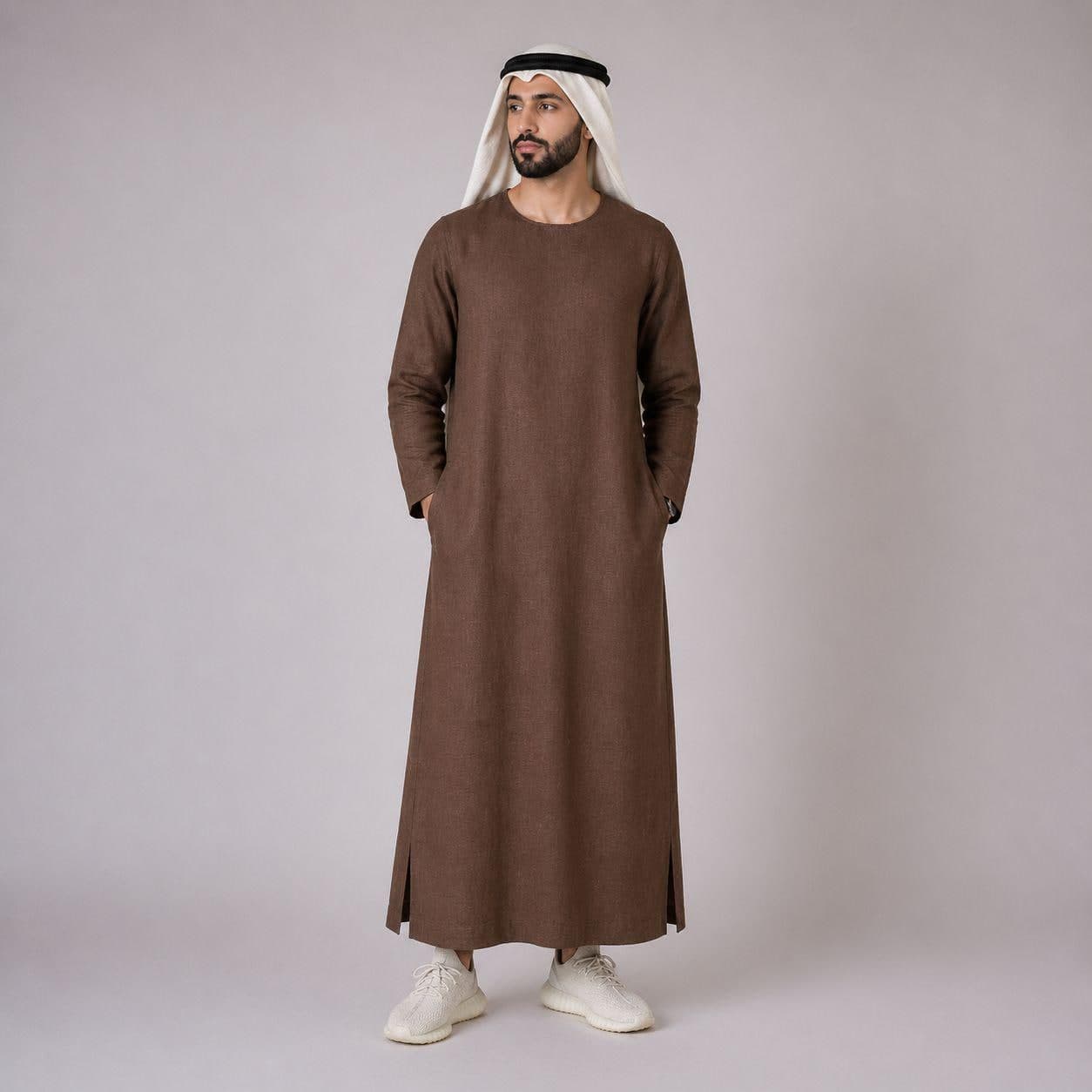 Belgian Linen Men's Kaftan - Brown Thobe - Dubai Kurtas - Abaya Shirt for Him - 30 Colors - image 3
