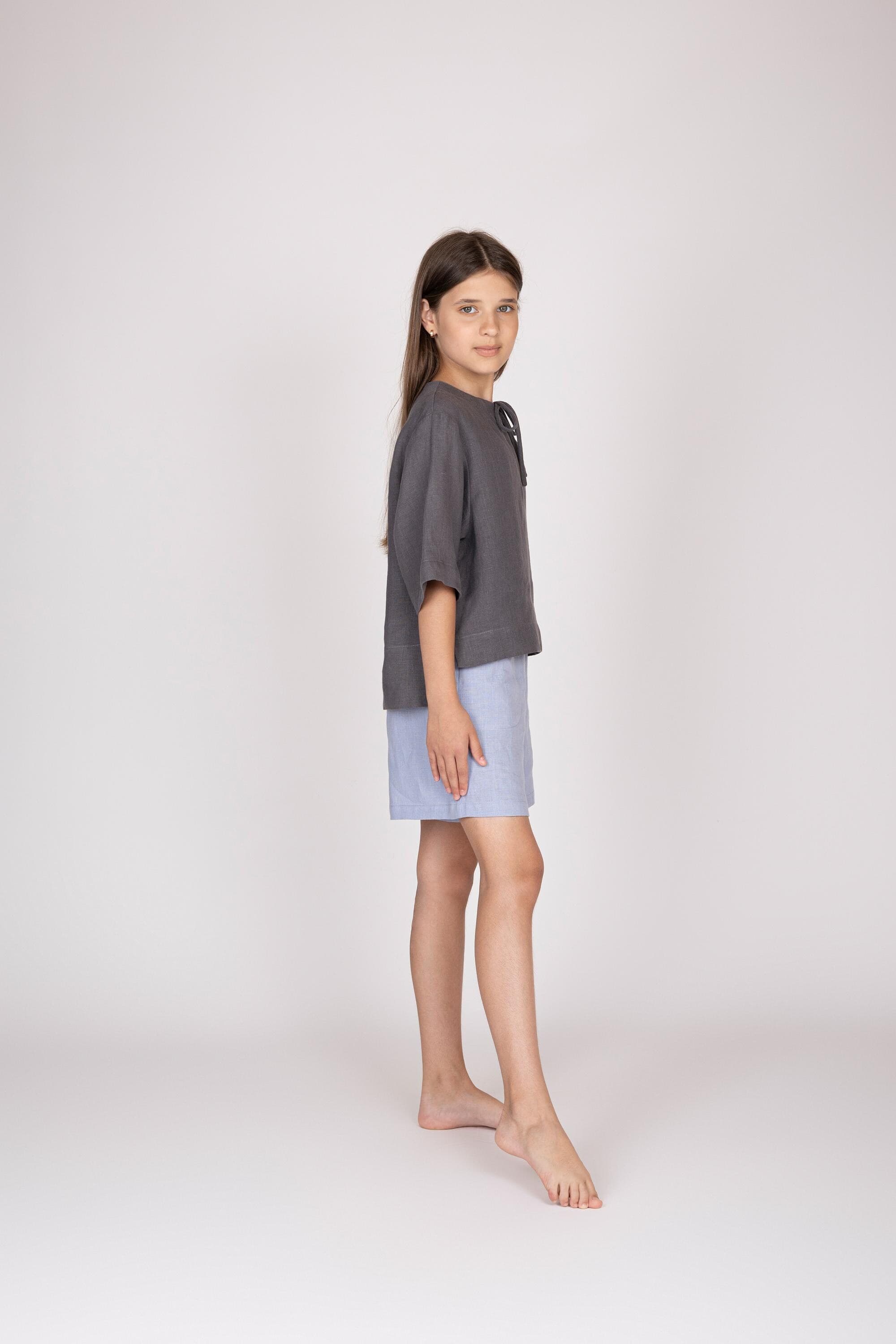 Belgian Linen Kids Half Sleeve Top - Graphite Gray Soft Silky Girls' Shirt - 30 Colors - image 3