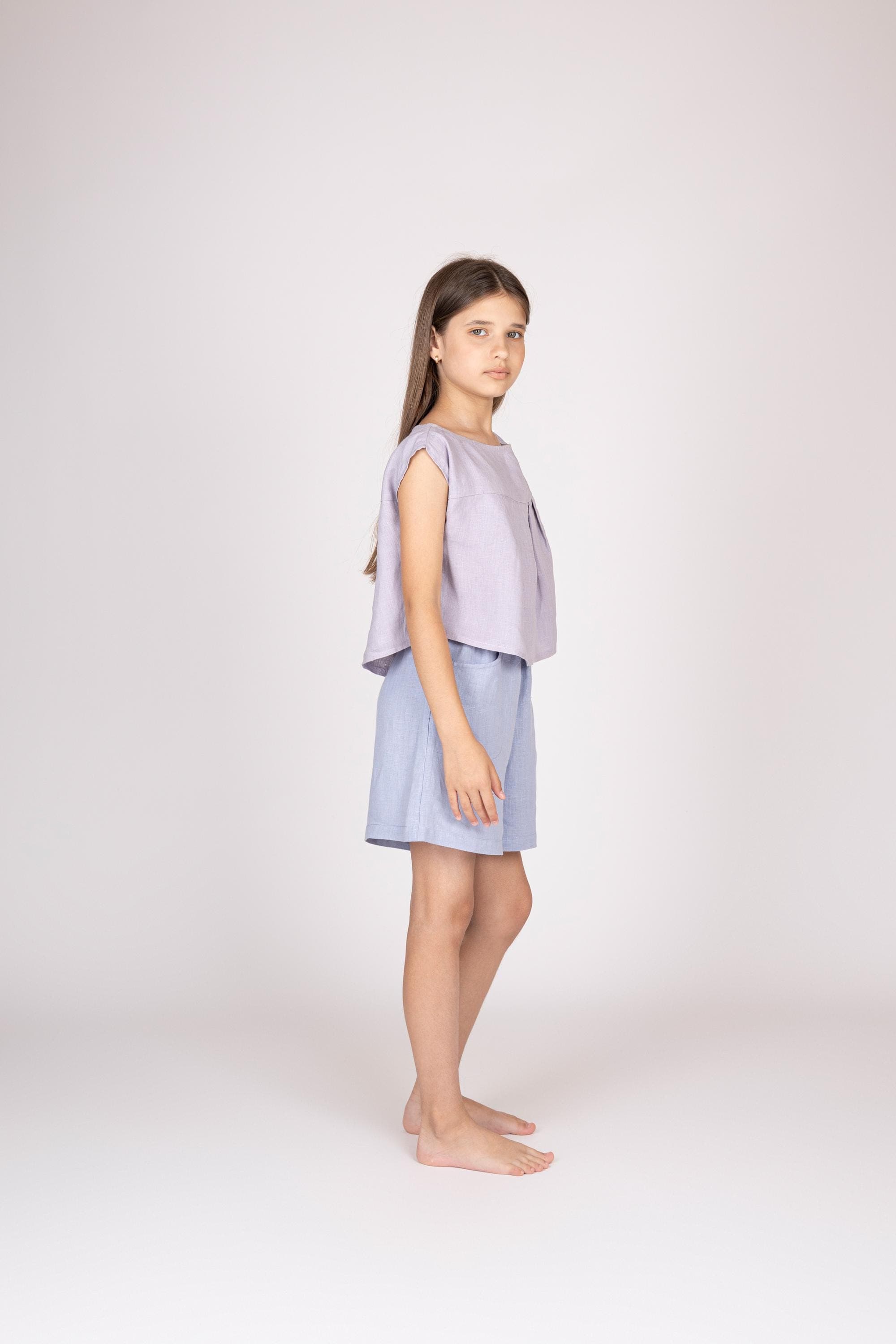 Belgian Linen Girls Top - Cropped Shirts - Boat Neck Kid Shirt -  Sizes 5-16 - 30 Colors - image 3