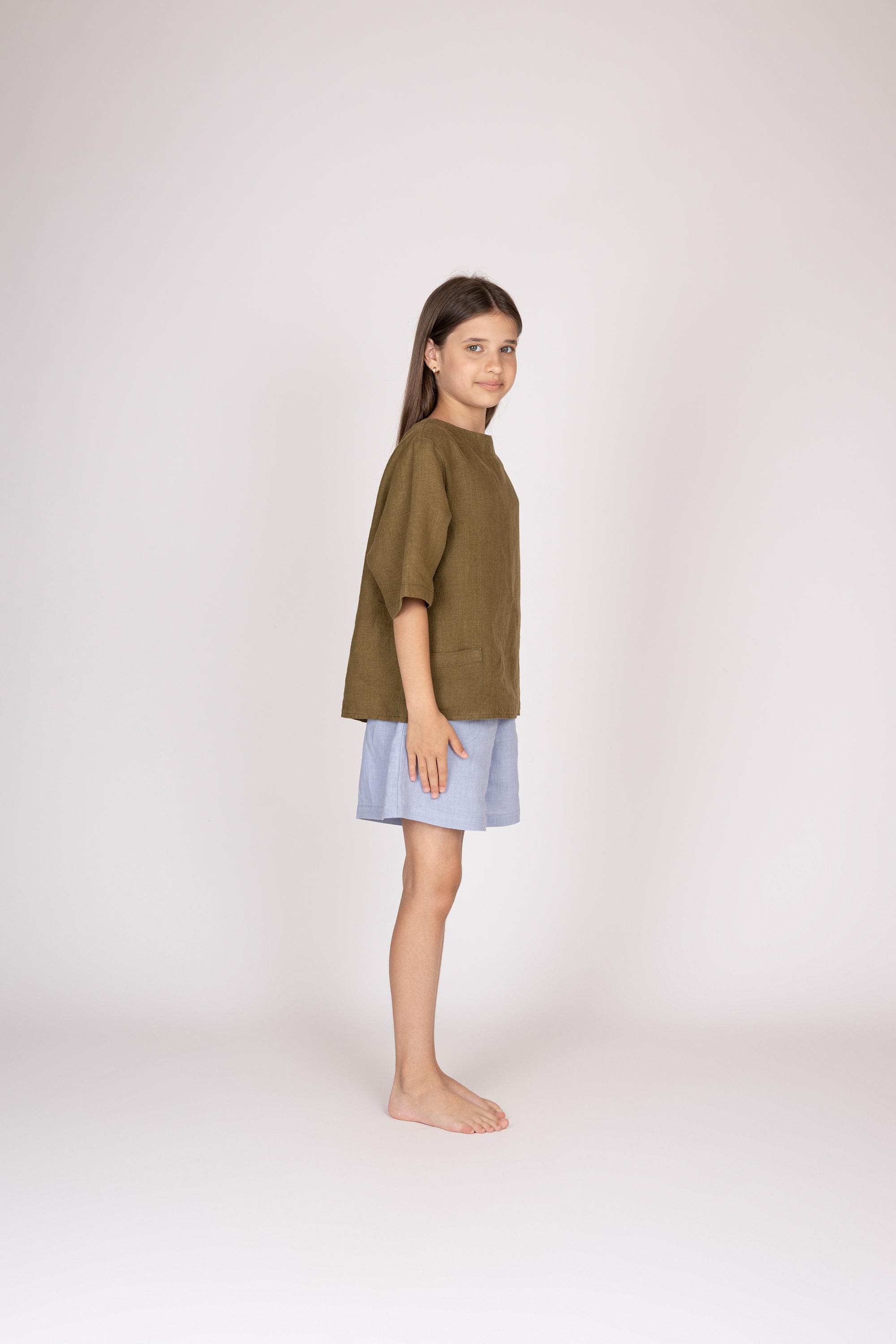 Belgian Linen Kids Elegant Top - Khaki Loose Fit Shirt for Daughters - 30 Colors - image 3