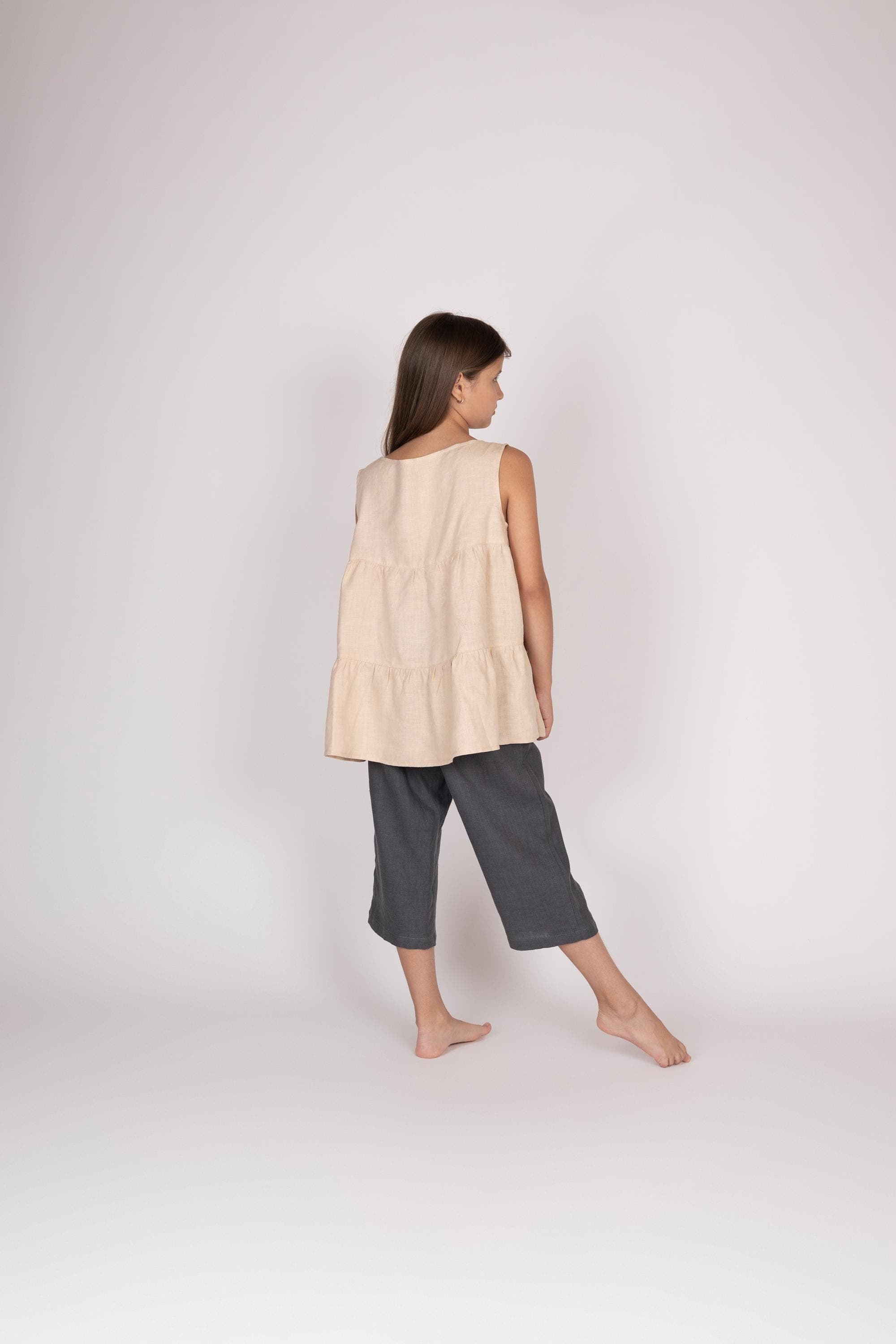 Belgian Linen Girls' Top - Summer Blouse without Sleeves - Flare Layered Style - 30 Colors - image 4