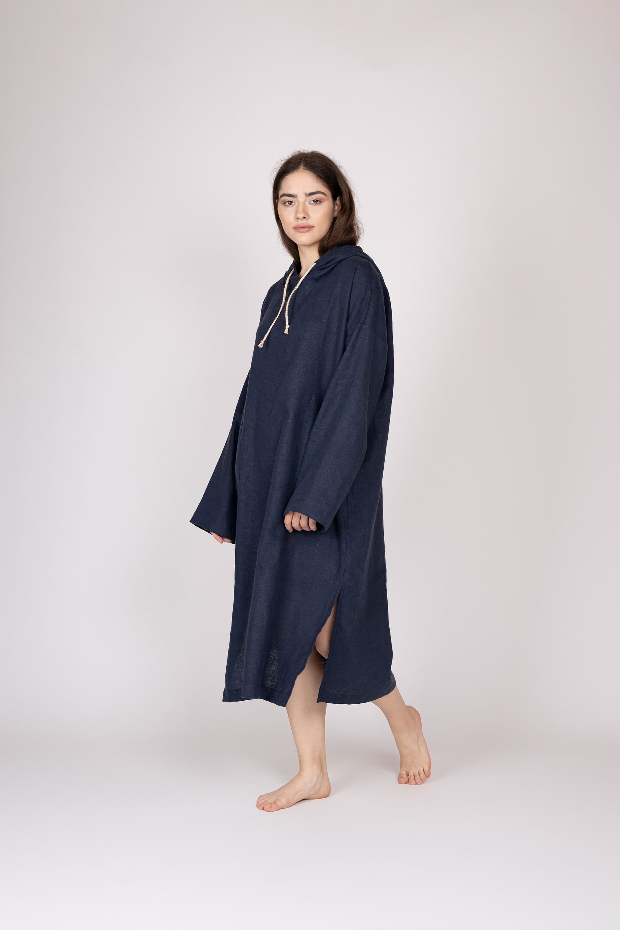 Belgian Linen Hooded Dress - Long Sleeve Tunic - Evening Beach Cover Up - 30 Colors - image 3