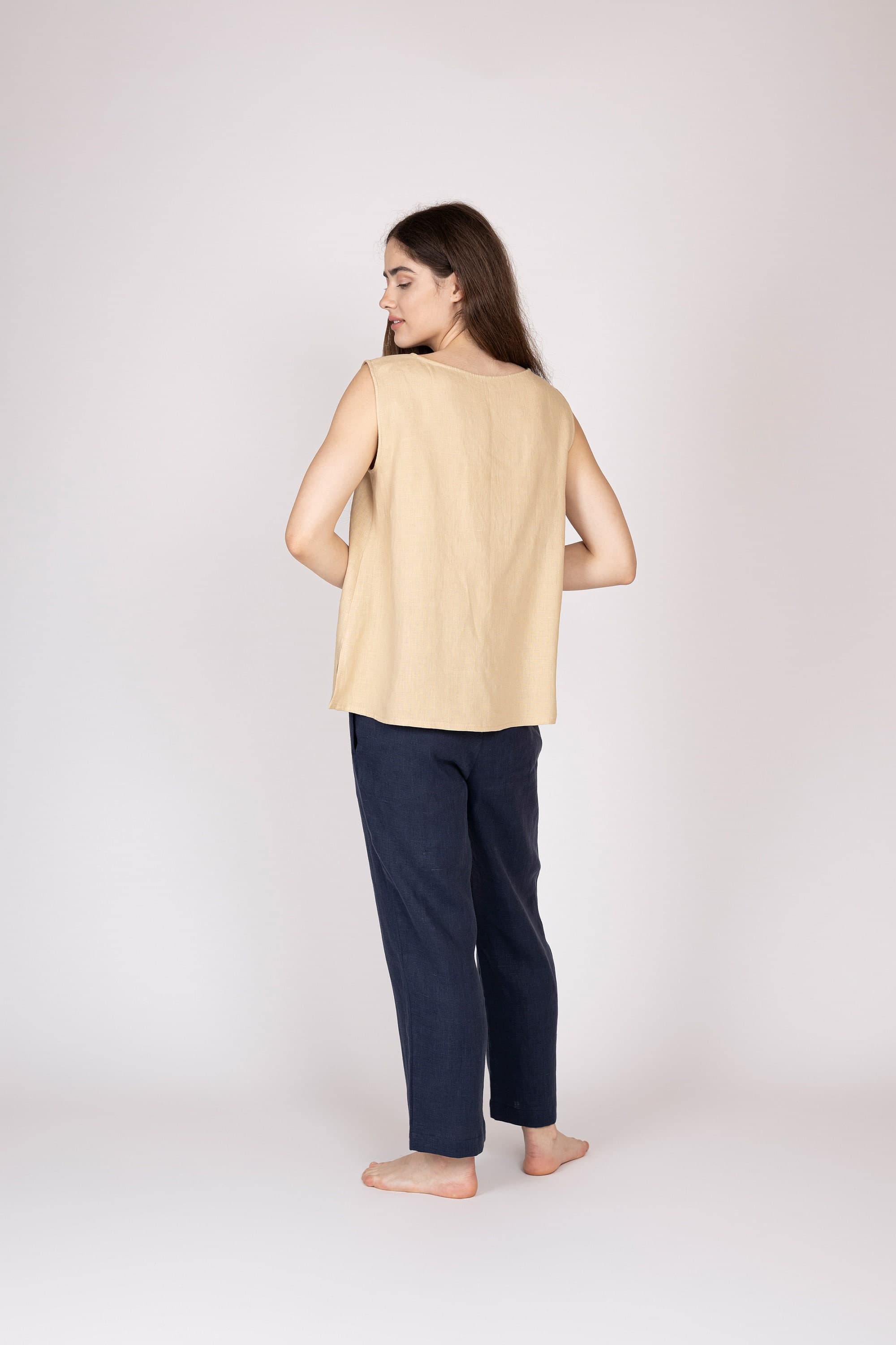 Belgian Linen Women's Sleeveless Shirt - Tan Body Color Tops Girls - Libeco Flax - 30 Colors - image 4