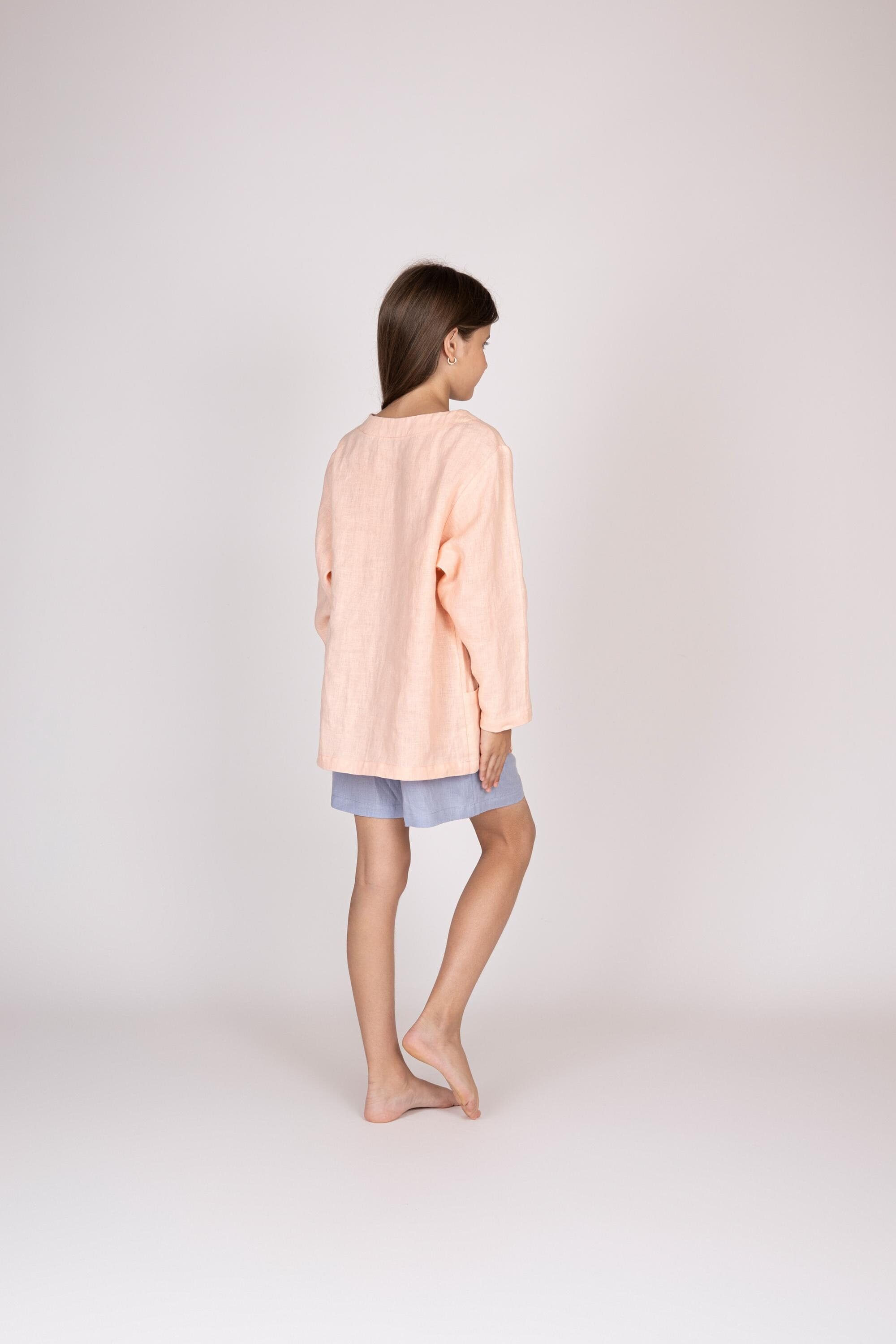 Belgian Linen Kids Long Sleeve Blouse - Girl Long-sleeved Shirt with Front Pockets - 30 Colors - image 4