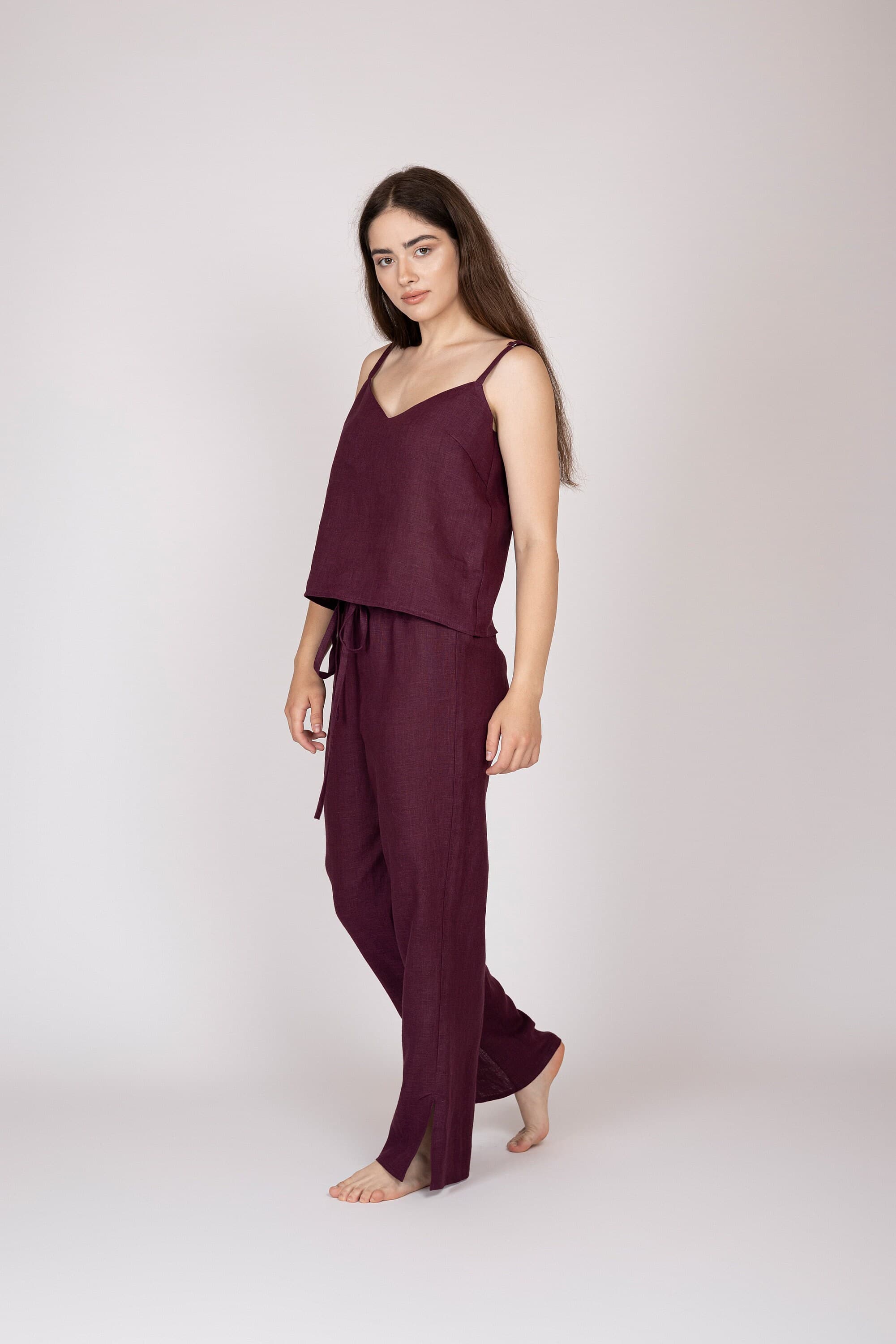 Belgian Linen Women's Casual Set - Flax Matching Top & Bottom Girls - Modern Design - 30 Colors - image 3