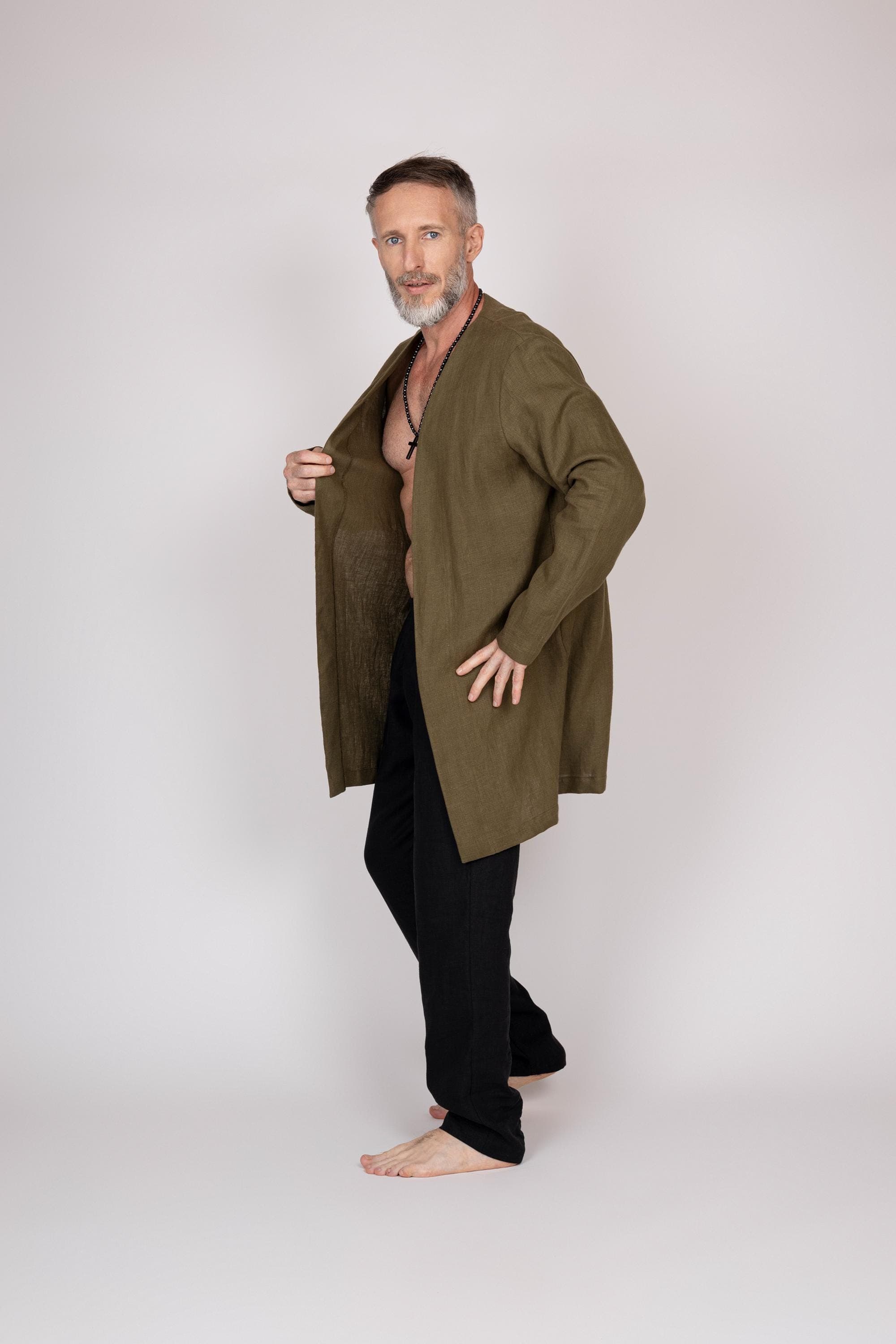 Belgian Linen Men's Coat - Organic Khaki Flax Robe - Spring Jacket for Man - 30 Colors - image 3
