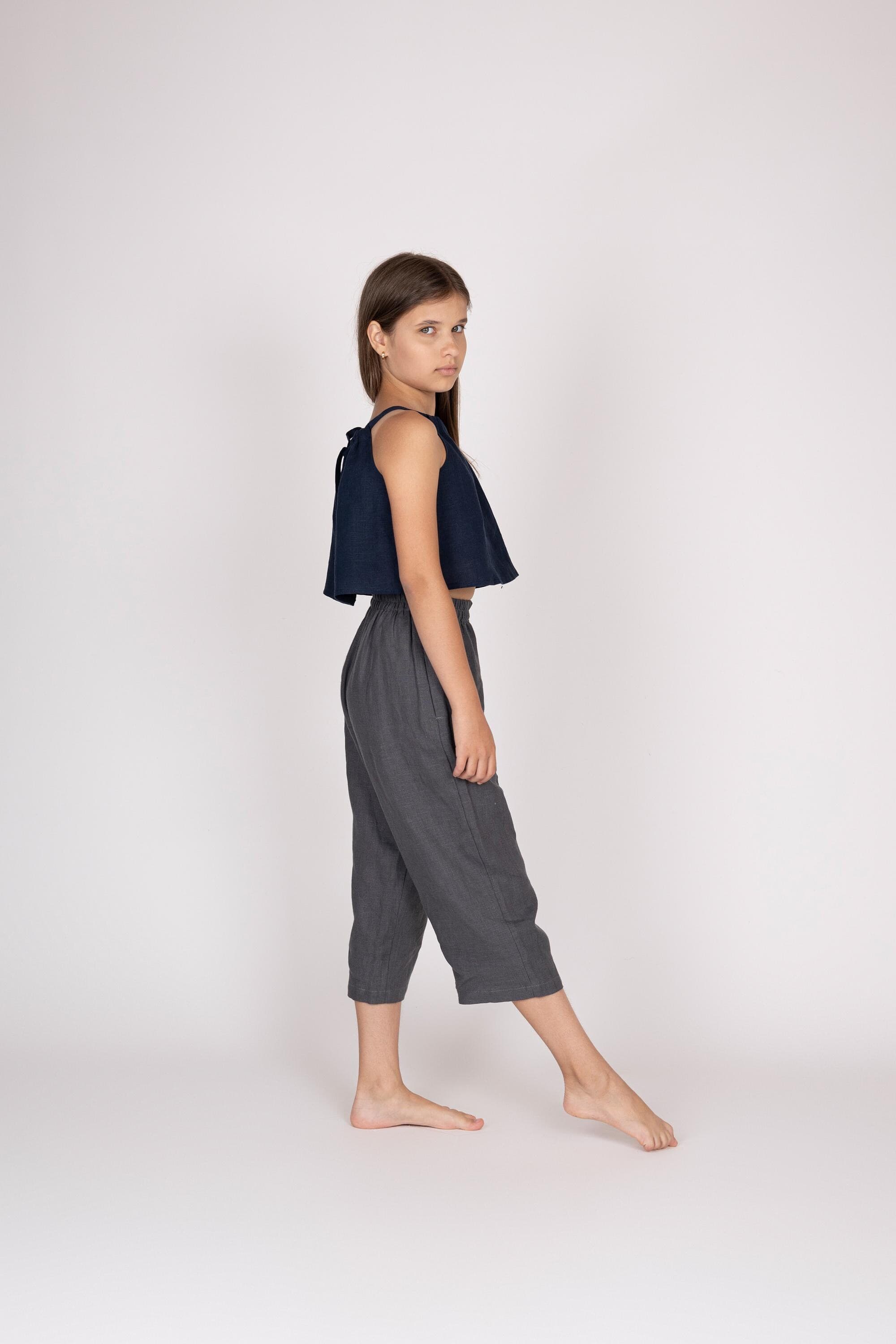 Belgian Linen Kids' Halter Neck Top - Gathered Flax Crop Tee - Minimal Blouse- 30 Colors - image 3