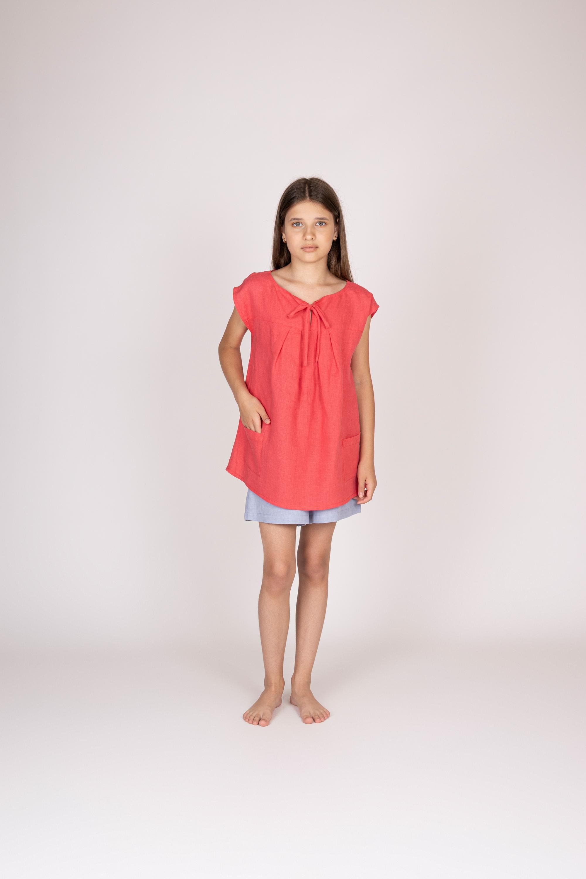 Belgian Linen Teens' Top - Pink Sleeveless Shirt for Kids - Neck with Ties - 30 Colors