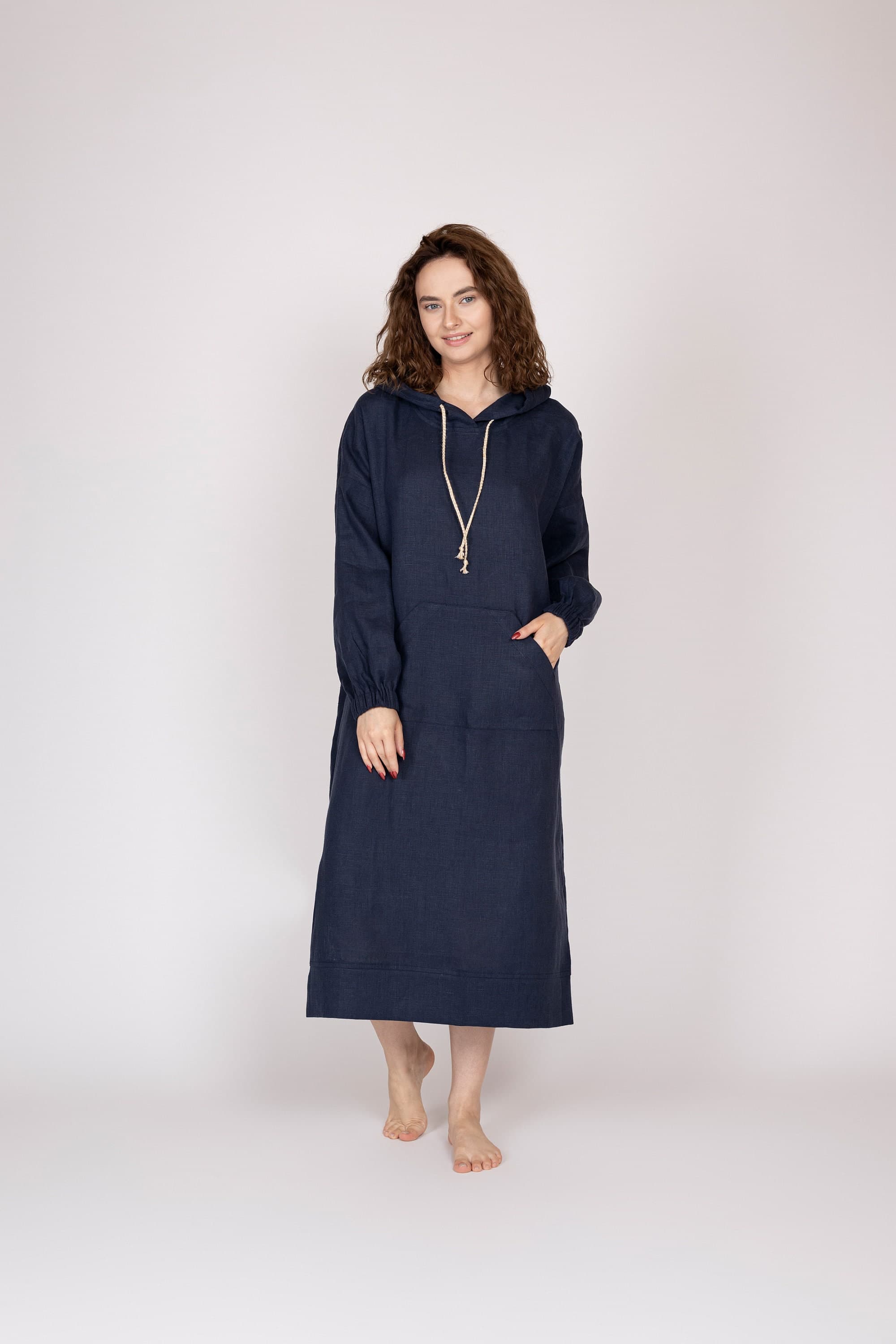 Belgian Linen Hoodie Dress - Stone Washed Long Jersey - Gothic Style Dress - 30 Colors