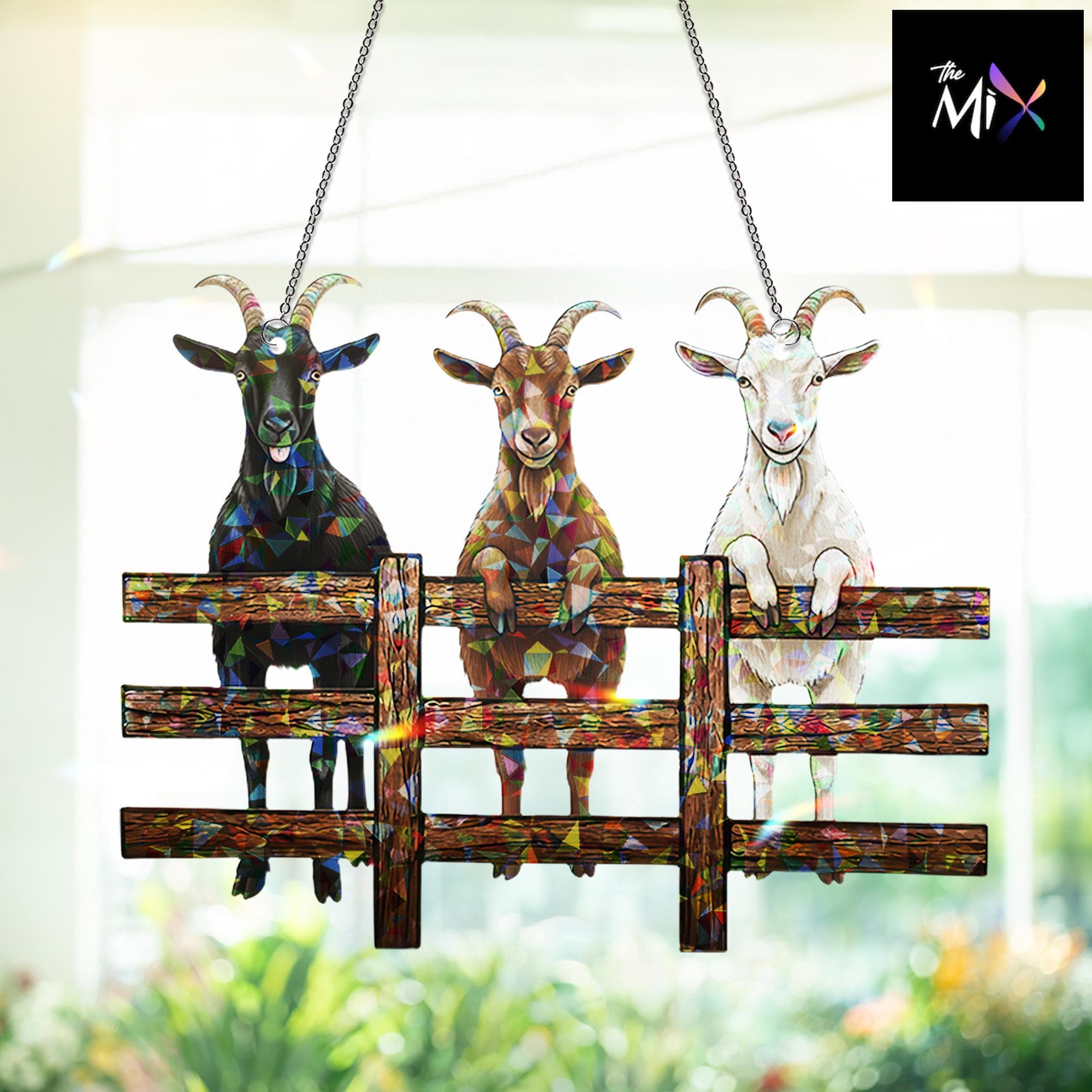 Three Goats Hologram Window Decor, Farm Animal Suncatcher, Rustic Fence, Country Home Decor Gift - image 3