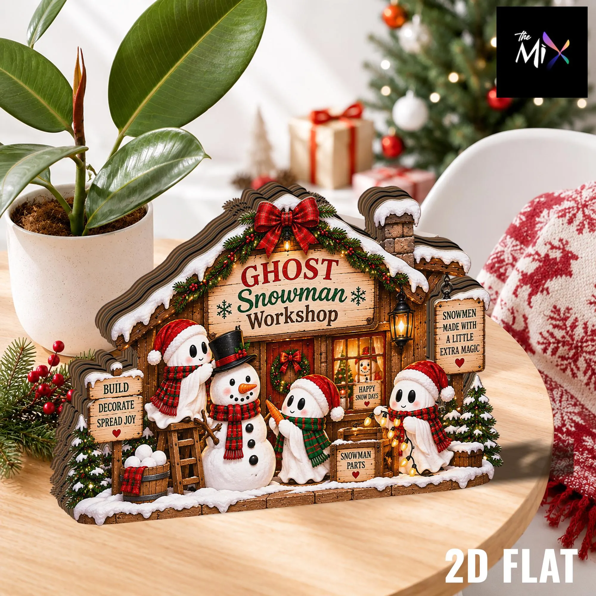 Ghost Snowman Workshop Christmas Wooden Block, Christmas Snowman Sign, Holiday Winter Shelf Decor, Cozy Christmas Home Decor - image 3