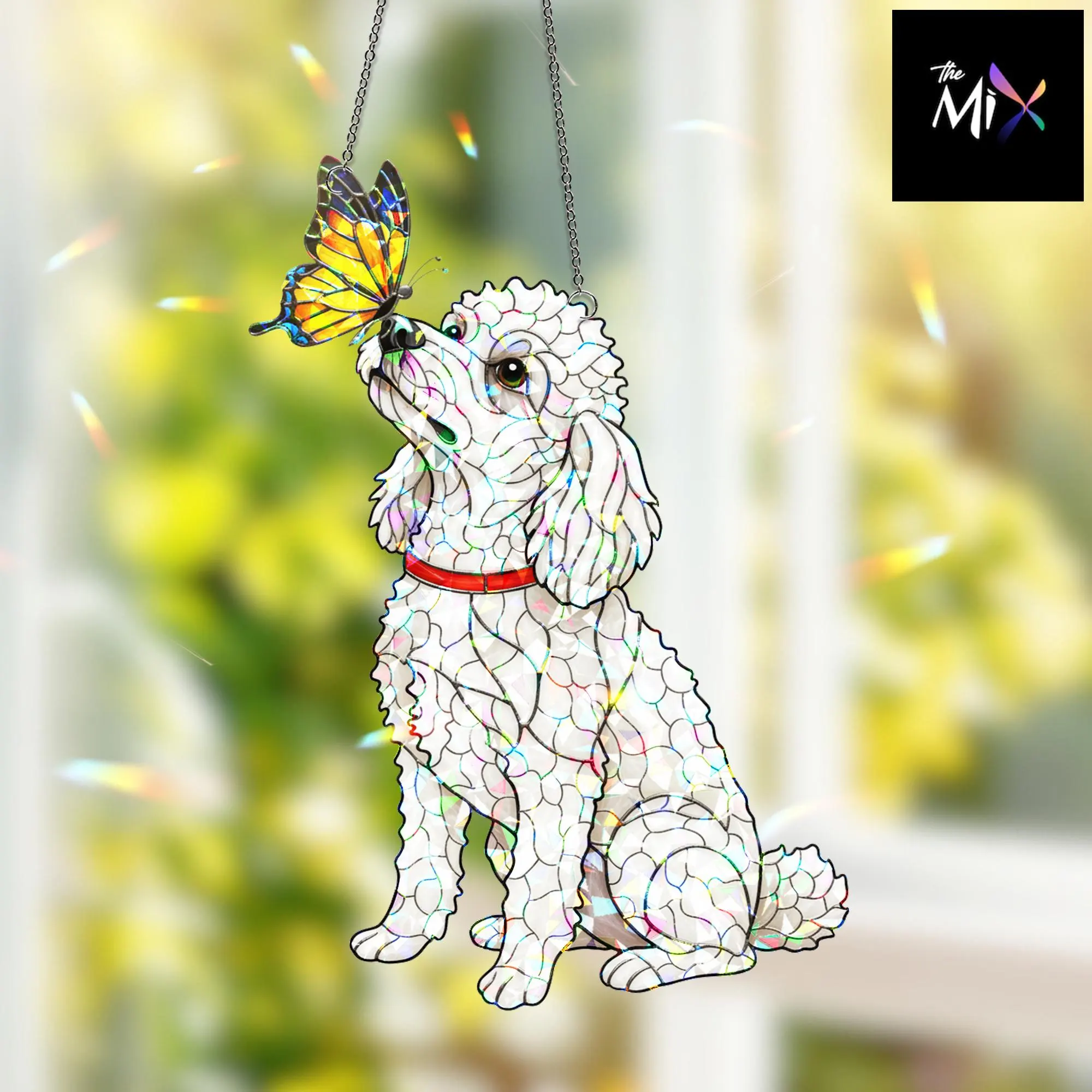 Poodle Dog Hologram Suncatcher, Dog Window Hanging Decor with Butterfly, Pet Lover Gift, Light Catcher Ornament