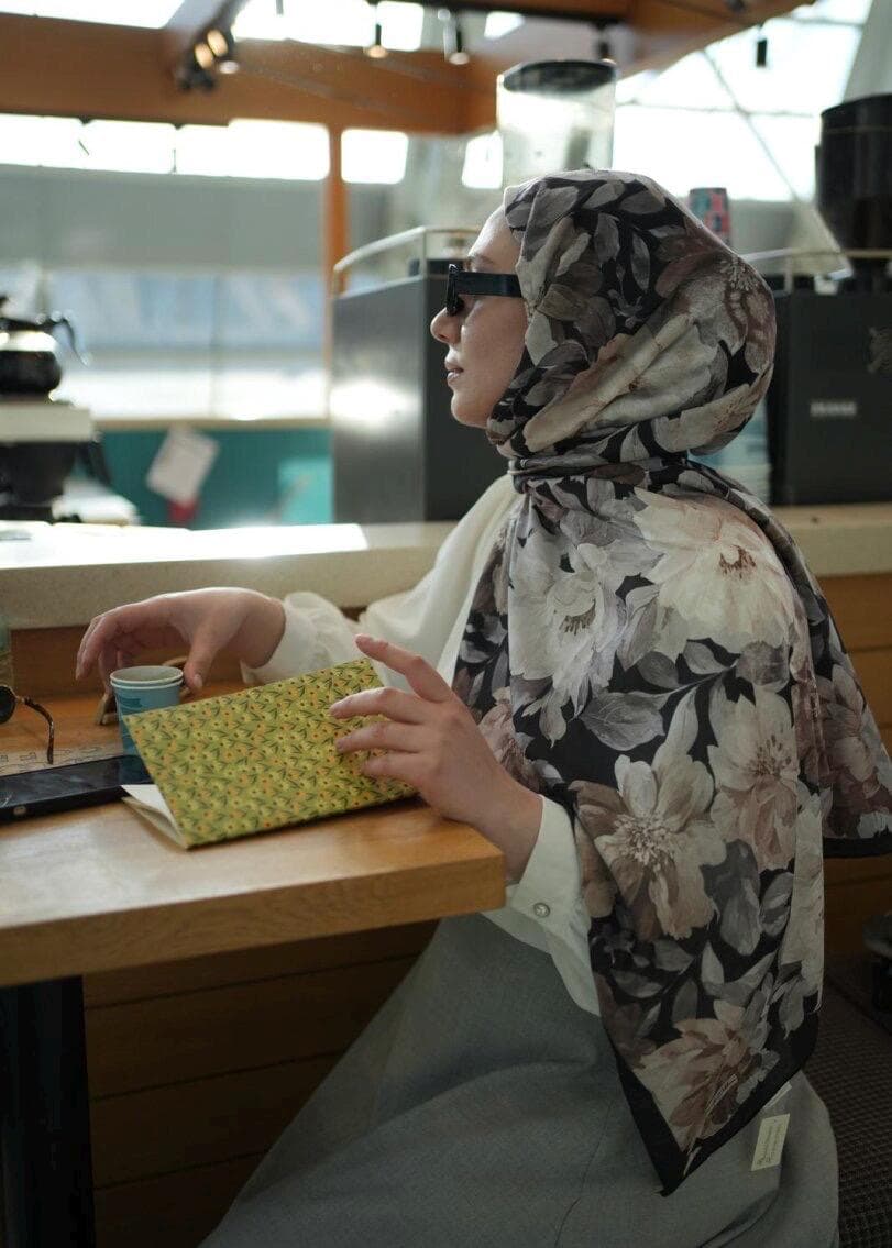 Black Beige Velvet Bloom Print Hijab, easy to style, breathable, comfortable, wrinkle resistant fabric, Floral Print Scarf for Muslim Woman - image 3