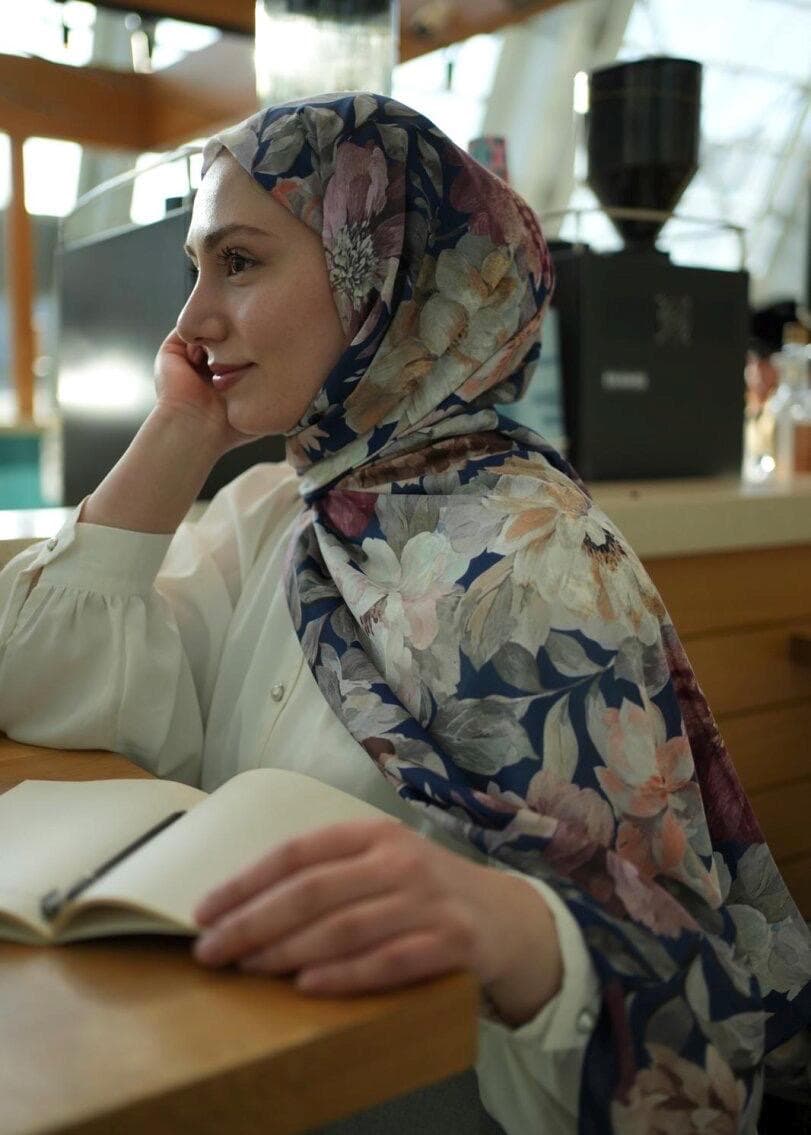 Bright Navy Velvet Bloom Print Hijab, easy to style, breathable, comfortable, wrinkle resistant fabric, Floral Print Scarf for Muslim Woman - image 4