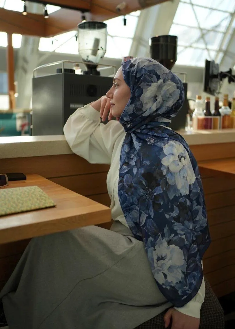 Night Blue Velvet Bloom Print Hijab, easy to style, breathable, comfortable, wrinkle resistant fabric, Floral Print Scarf for Muslim Woman