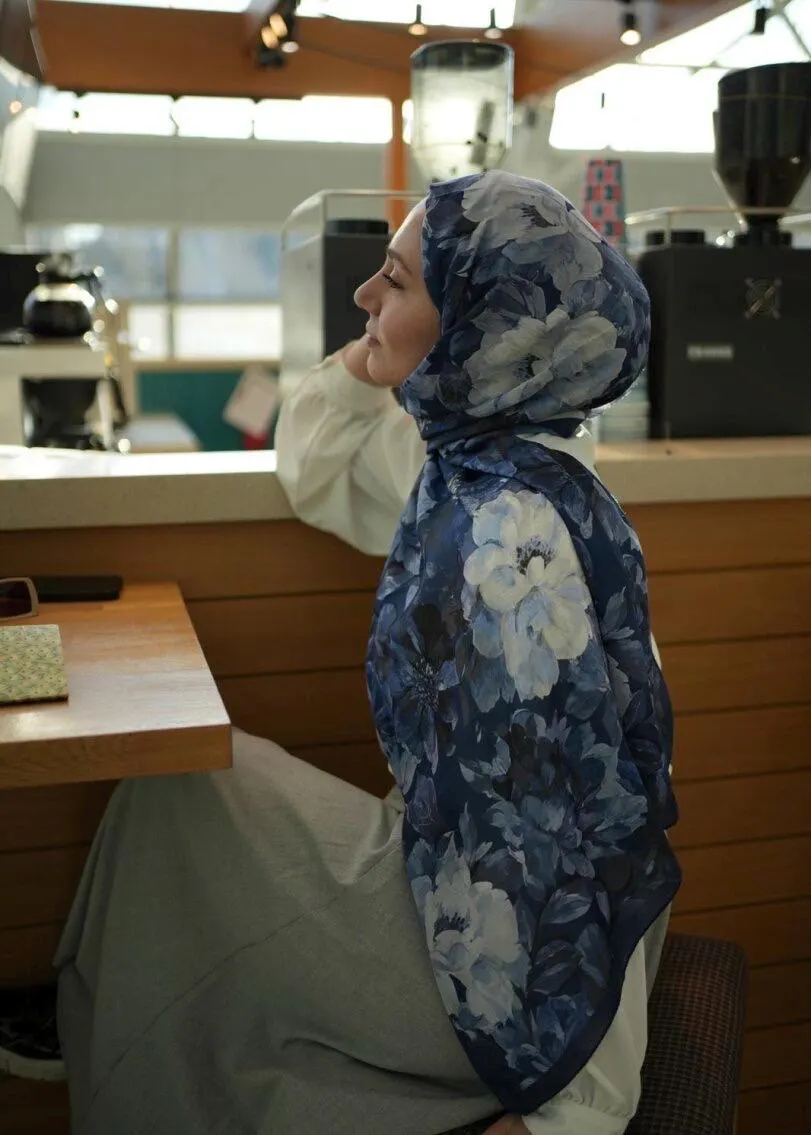 Night Blue Velvet Bloom Print Hijab, easy to style, breathable, comfortable, wrinkle resistant fabric, Floral Print Scarf for Muslim Woman - image 3