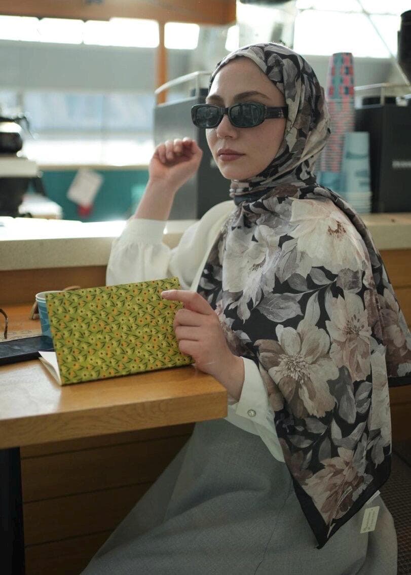 Black Beige Velvet Bloom Print Hijab, easy to style, breathable, comfortable, wrinkle resistant fabric, Floral Print Scarf for Muslim Woman