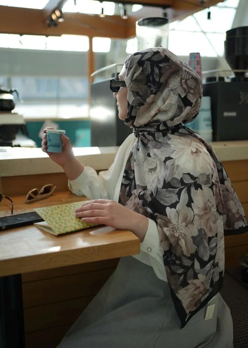 Black Beige Velvet Bloom Print Hijab, easy to style, breathable, comfortable, wrinkle resistant fabric, Floral Print Scarf for Muslim Woman - image 4