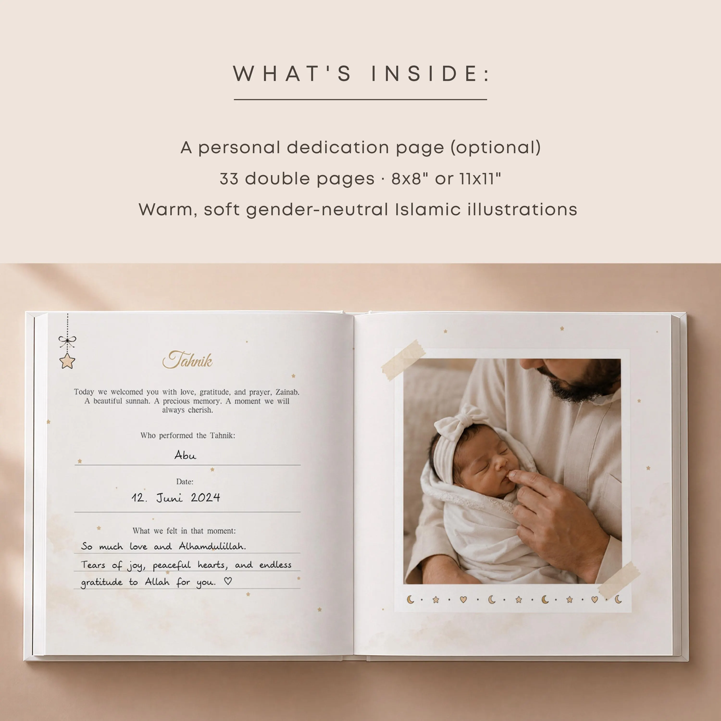 Unique and full personalized Islamic Baby Milestone Book — Muslim Newborn Keepsake with different Covers, Aqiqah Book - image 5