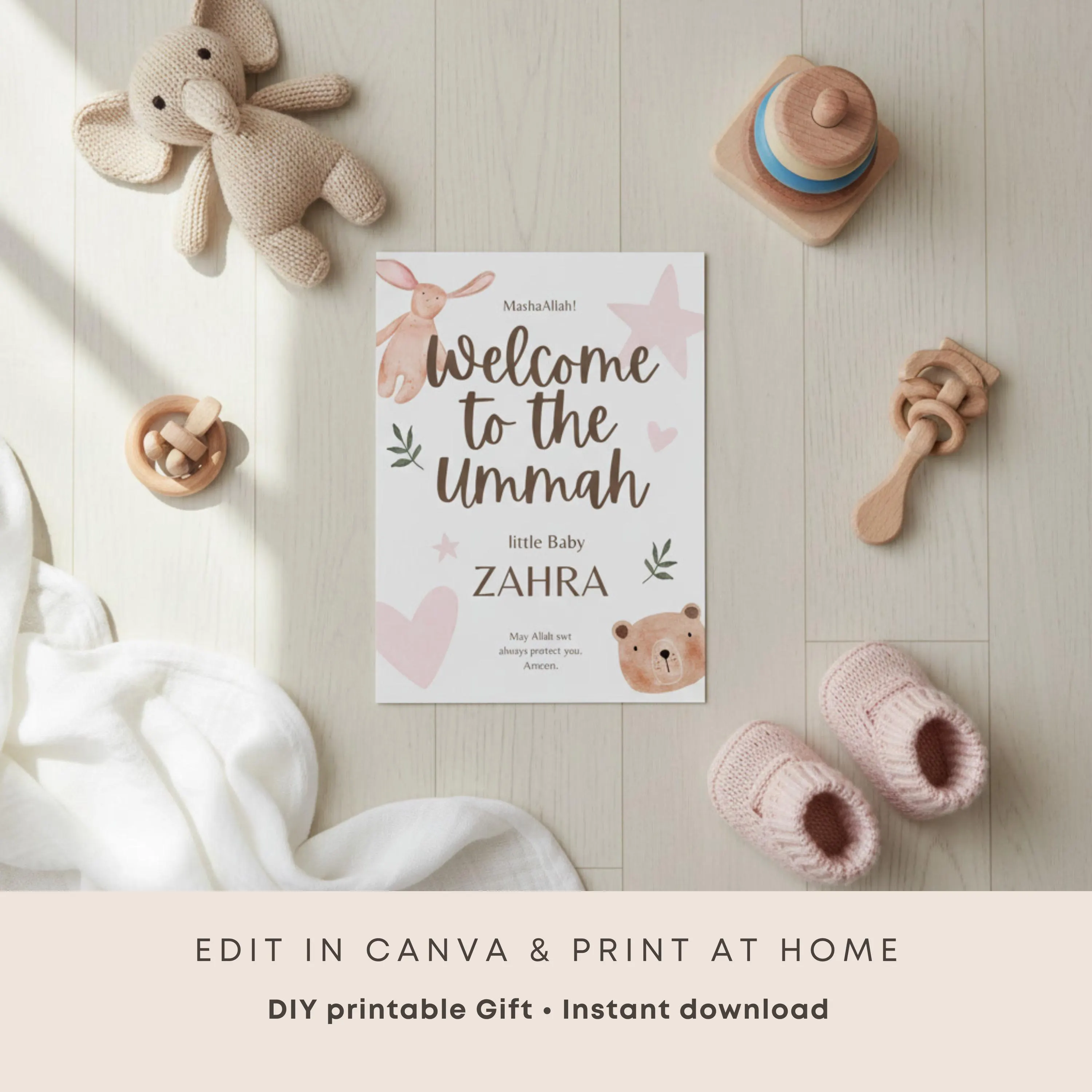 Personalized Islamic Baby Card Template | Editable Canva Download | Aqiqah Announcement Printable | Islamic Newborn Congratulations Card - image 4