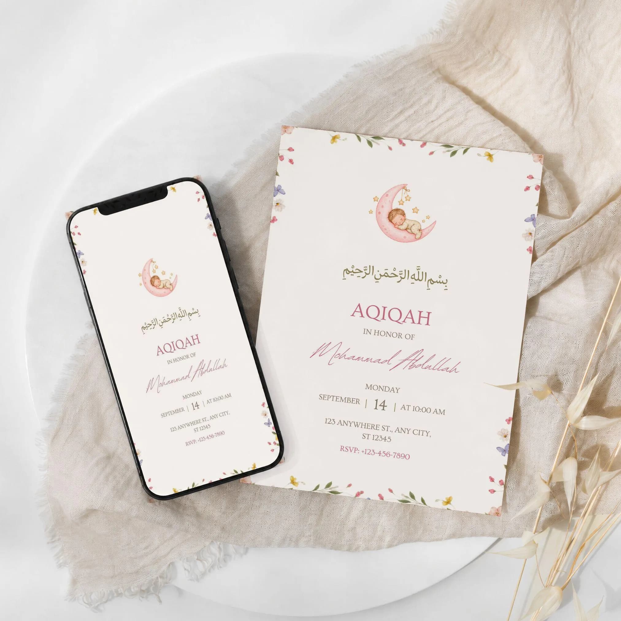 Crescent Moon Aqiqah Invitation | Soft Floral Canva Template | Muslim Baby Celebration Invite - image 4