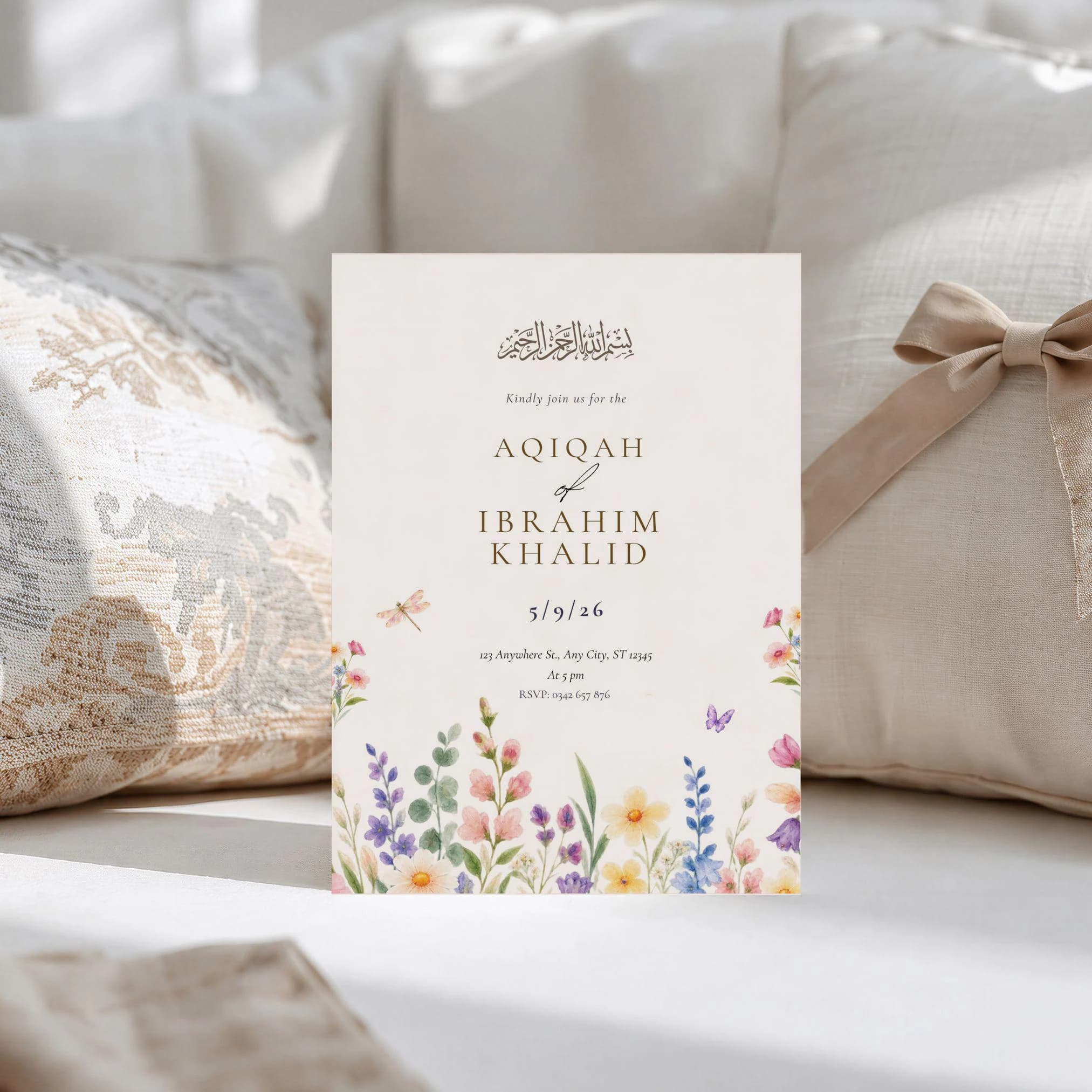 Wildflower Aqiqah Invitation | Bismillah Calligraphy Canva Template | Boho Garden Party Invite