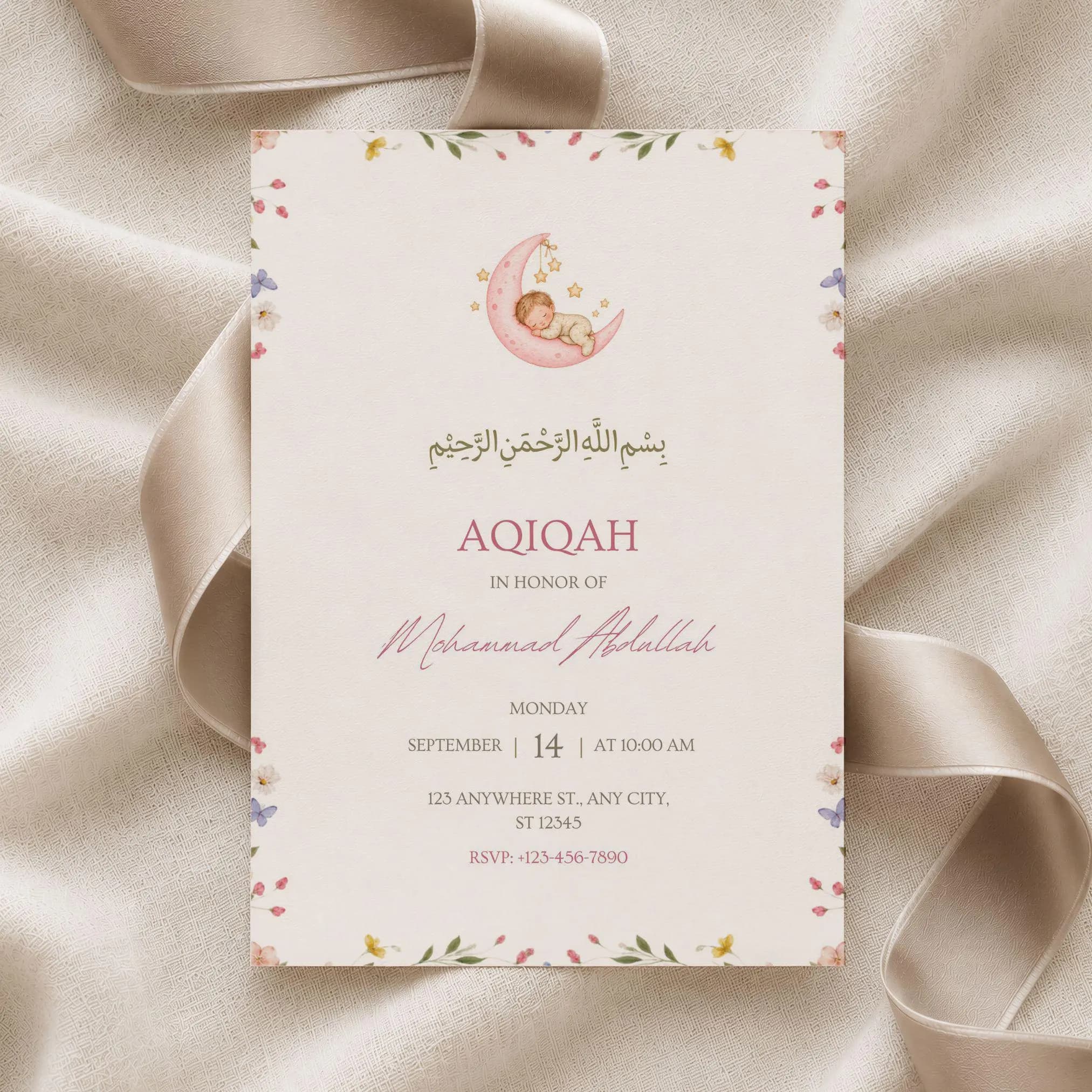 Crescent Moon Aqiqah Invitation | Soft Floral Canva Template | Muslim Baby Celebration Invite