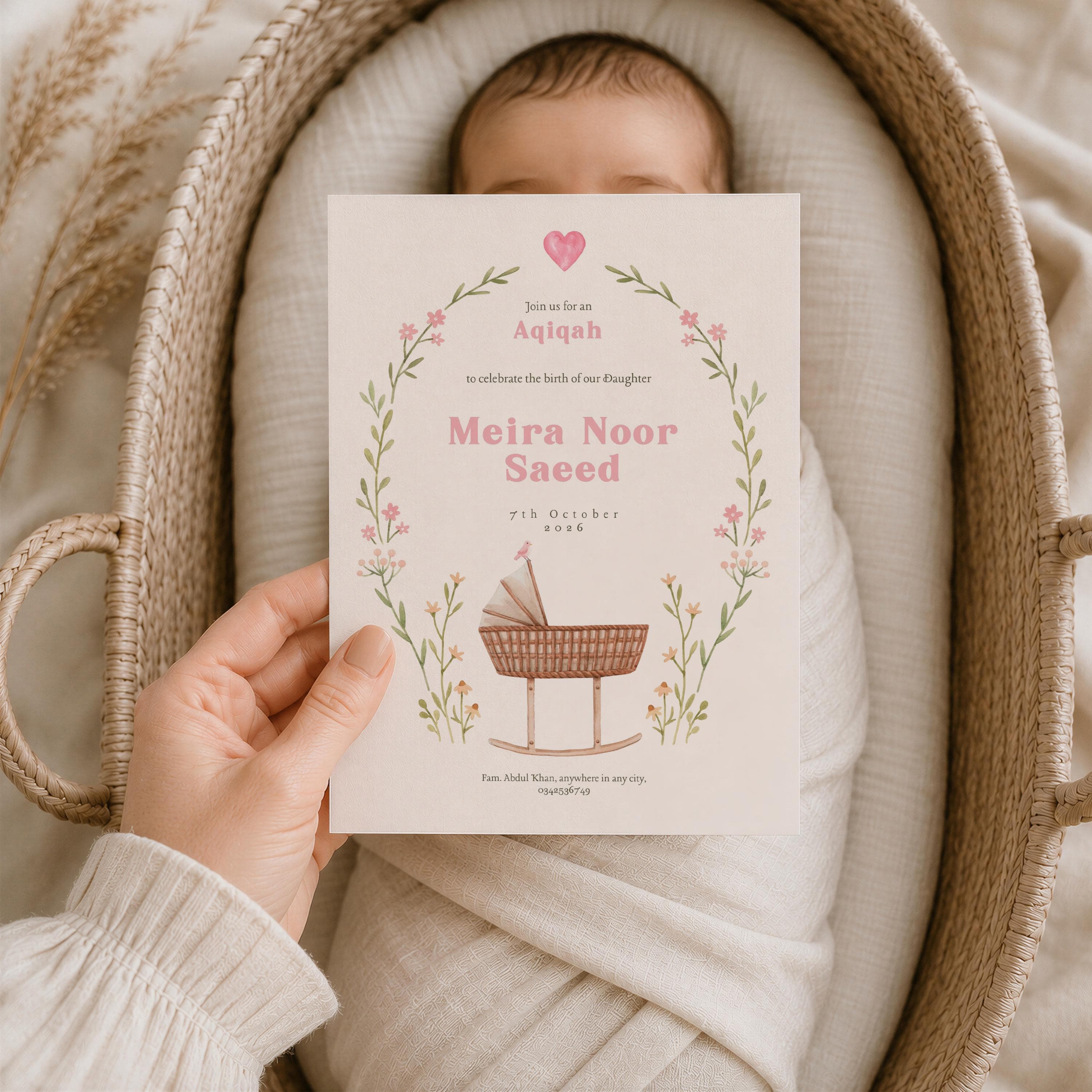 Aqiqah Invitation Card Floral Wreath | Baby Girl Islamic Announcement | Editable Canva Template | Digital download - image 3