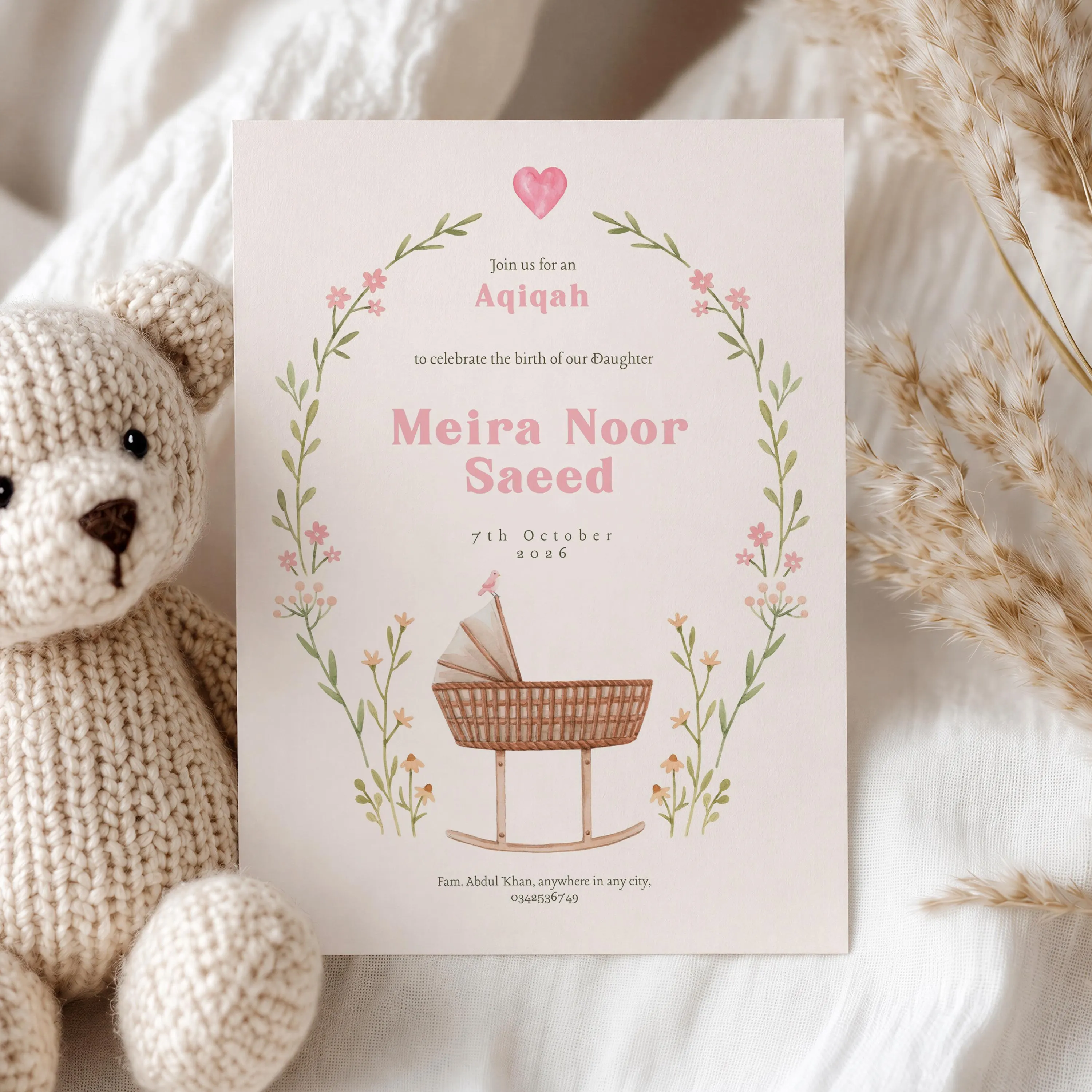 Aqiqah Invitation Card Floral Wreath | Baby Girl Islamic Announcement | Editable Canva Template | Digital download