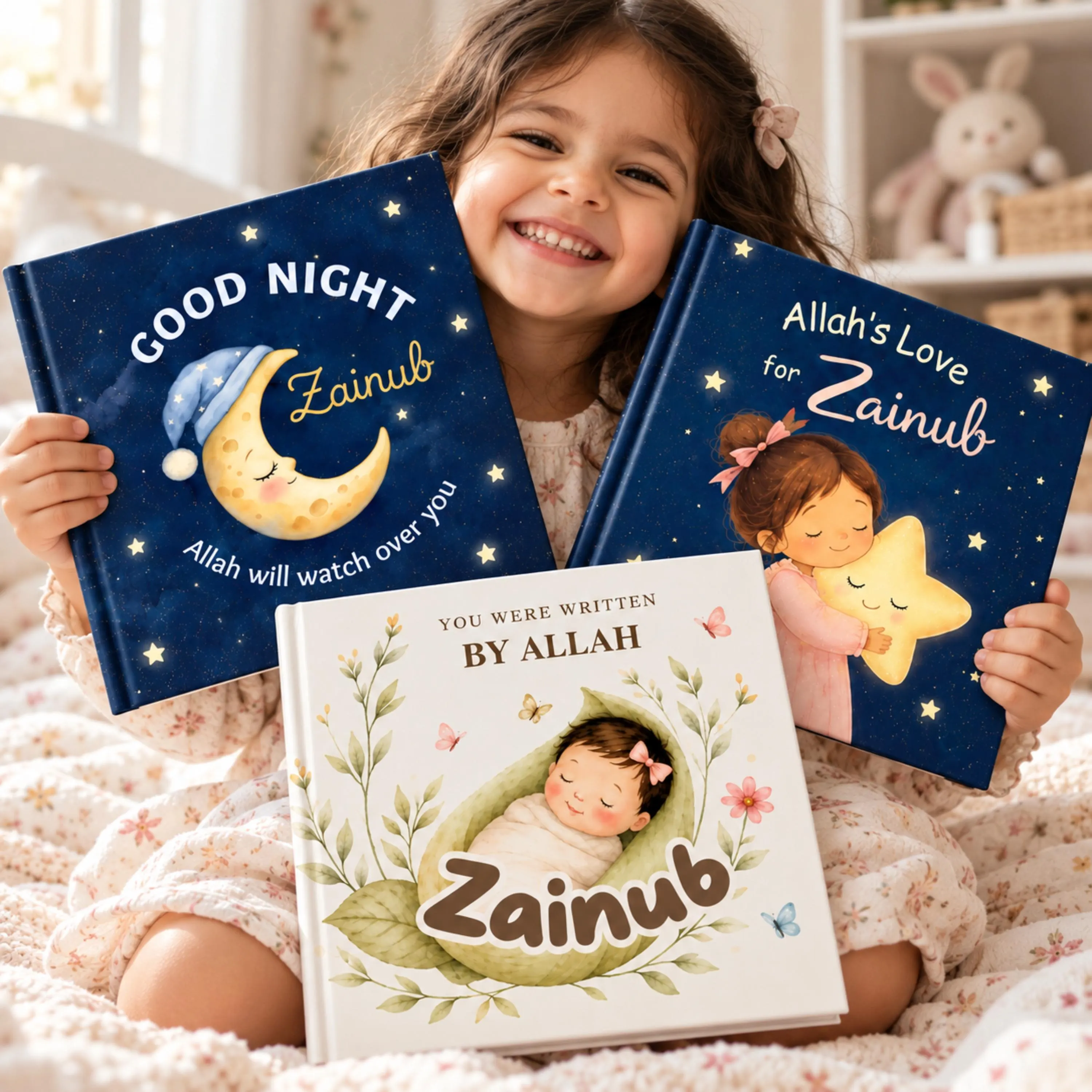 Personalized Islamic Book Set for Girls | 3 Name Storybooks: Bedtime, Allah's Love, Newborn | Aqiqah Gift