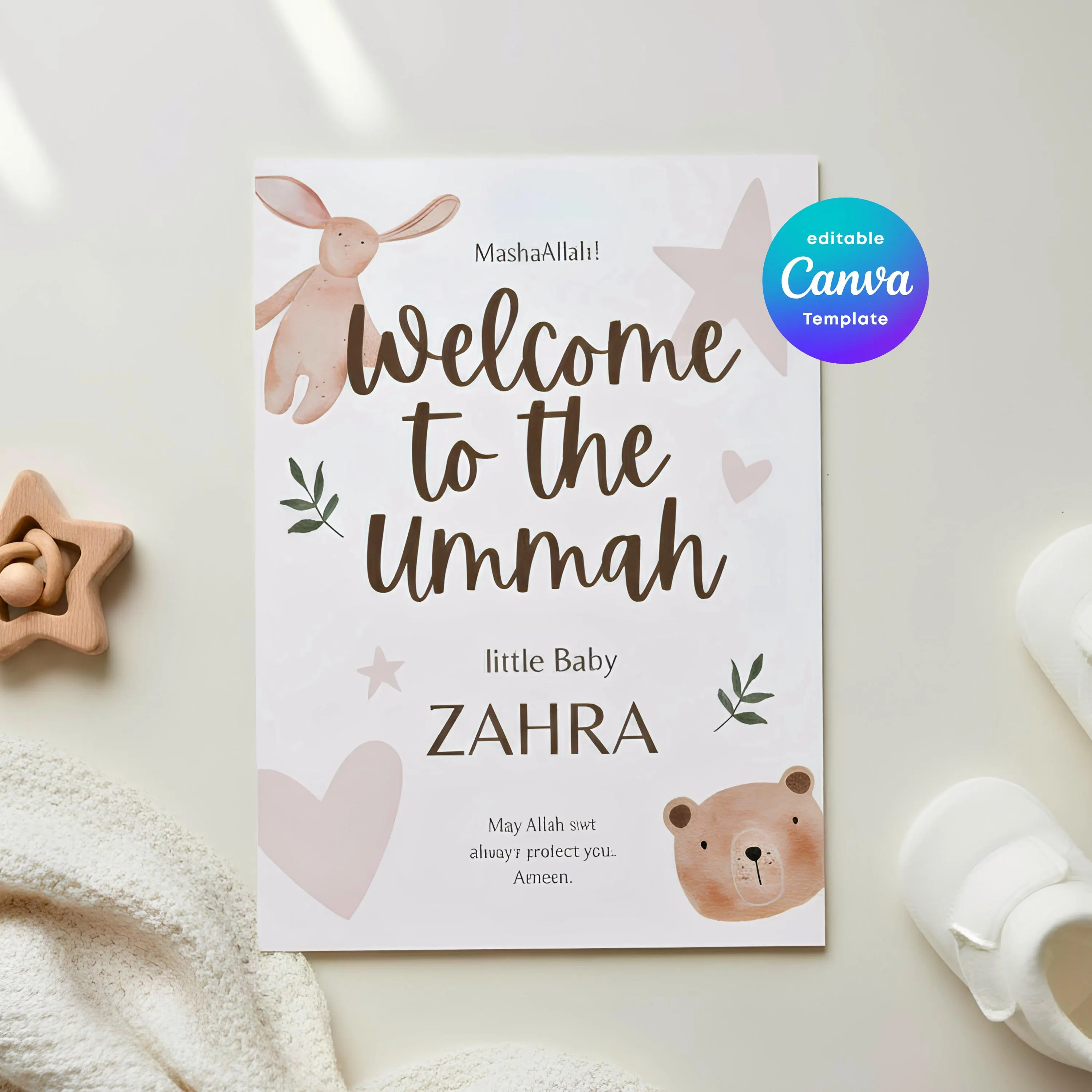 Personalized Islamic Baby Card Template | Editable Canva Download | Aqiqah Announcement Printable |  Islamic Newborn Congratulations Card