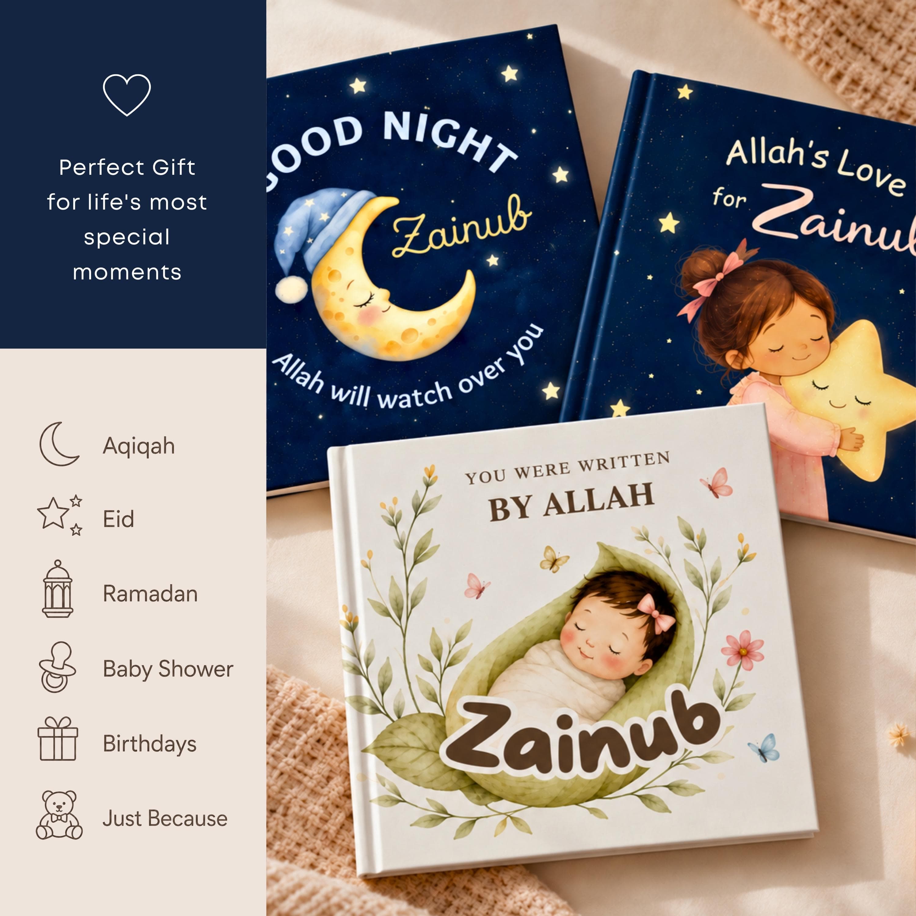 Personalized Islamic Book Set for Girls | 3 Name Storybooks: Bedtime, Allah's Love, Newborn | Aqiqah Gift - image 4